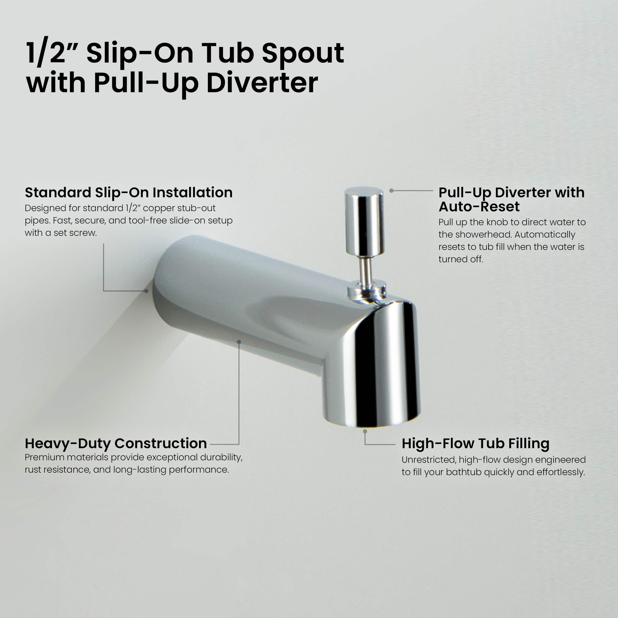 Halo Wall Mounted 1/2" Slip-On Tub Spout with Diverter - TS102