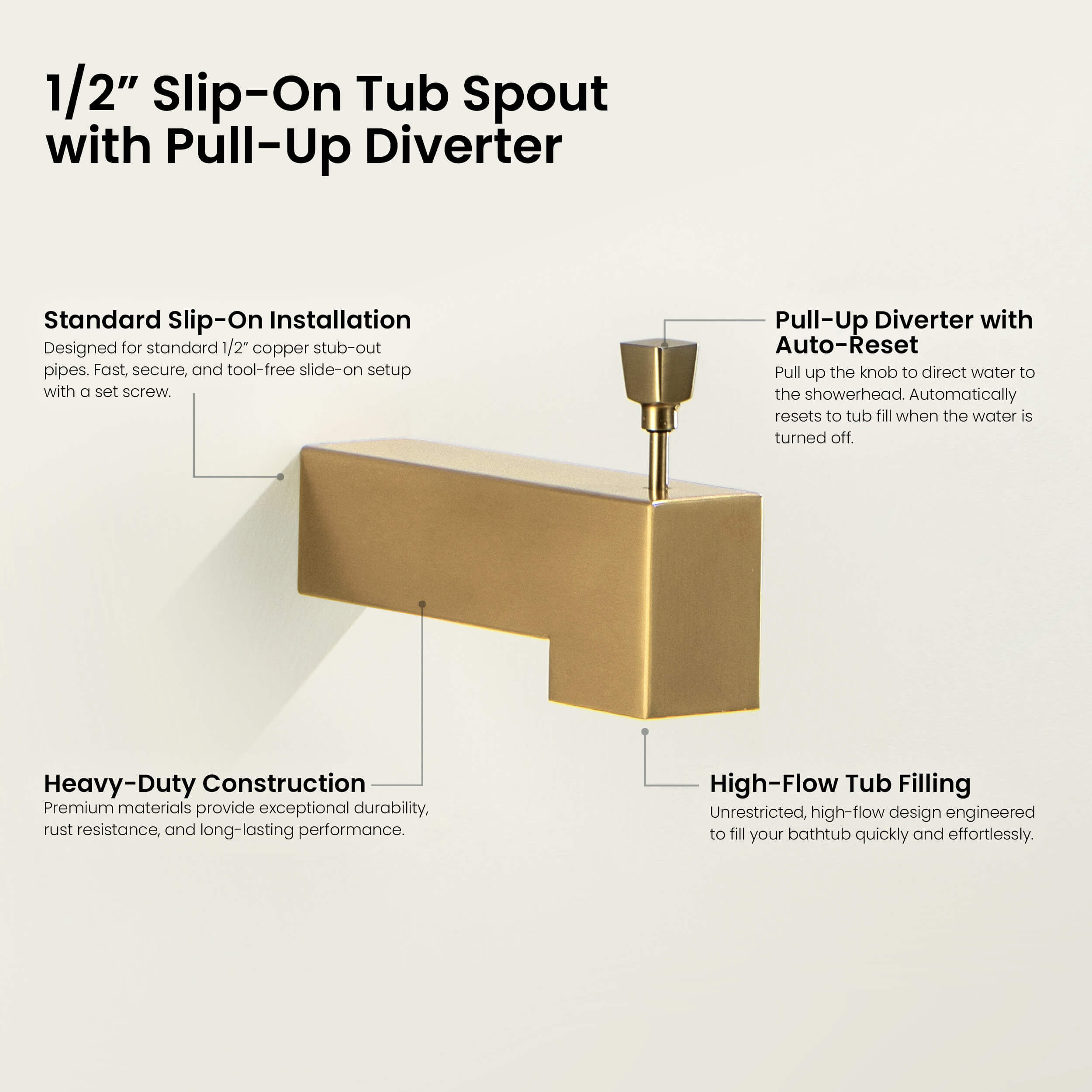 Quadra Wall Mounted 1/2" Slip-On Tub Spout with Diverter - TS103