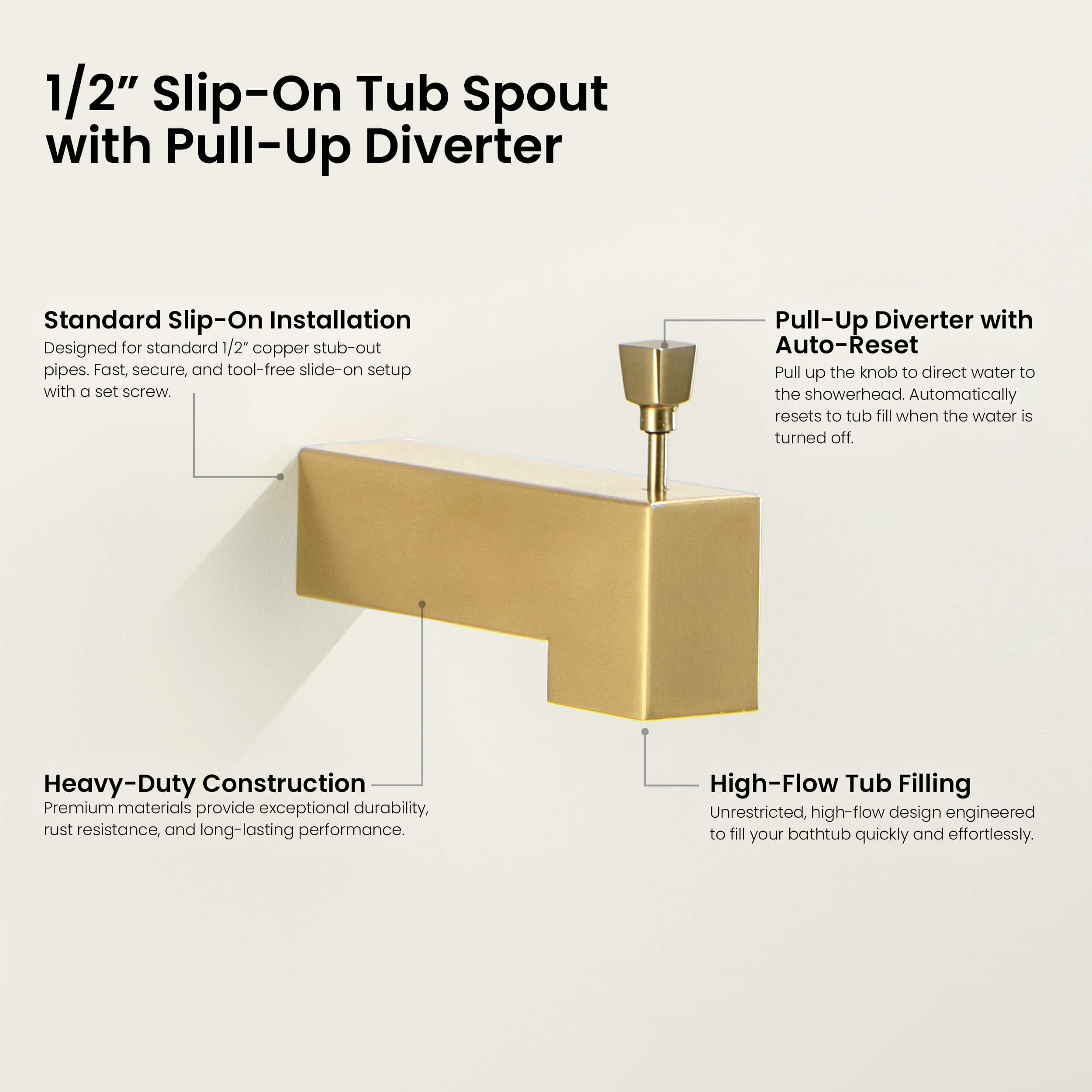 Quadra Wall Mounted 1/2" Slip-On Tub Spout with Diverter - TS103