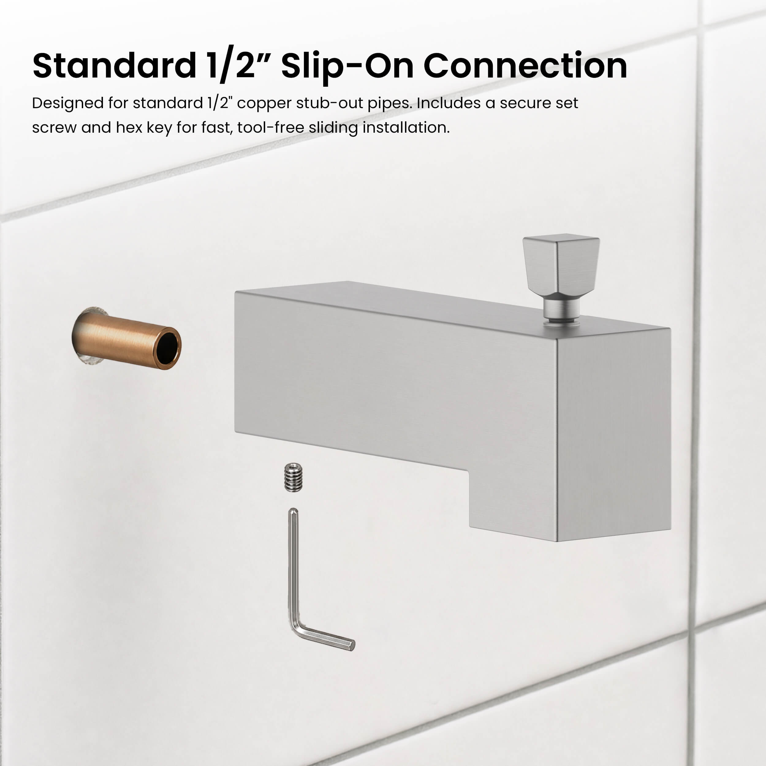 Quadra Wall Mounted 1/2" Slip-On Tub Spout with Diverter - TS103