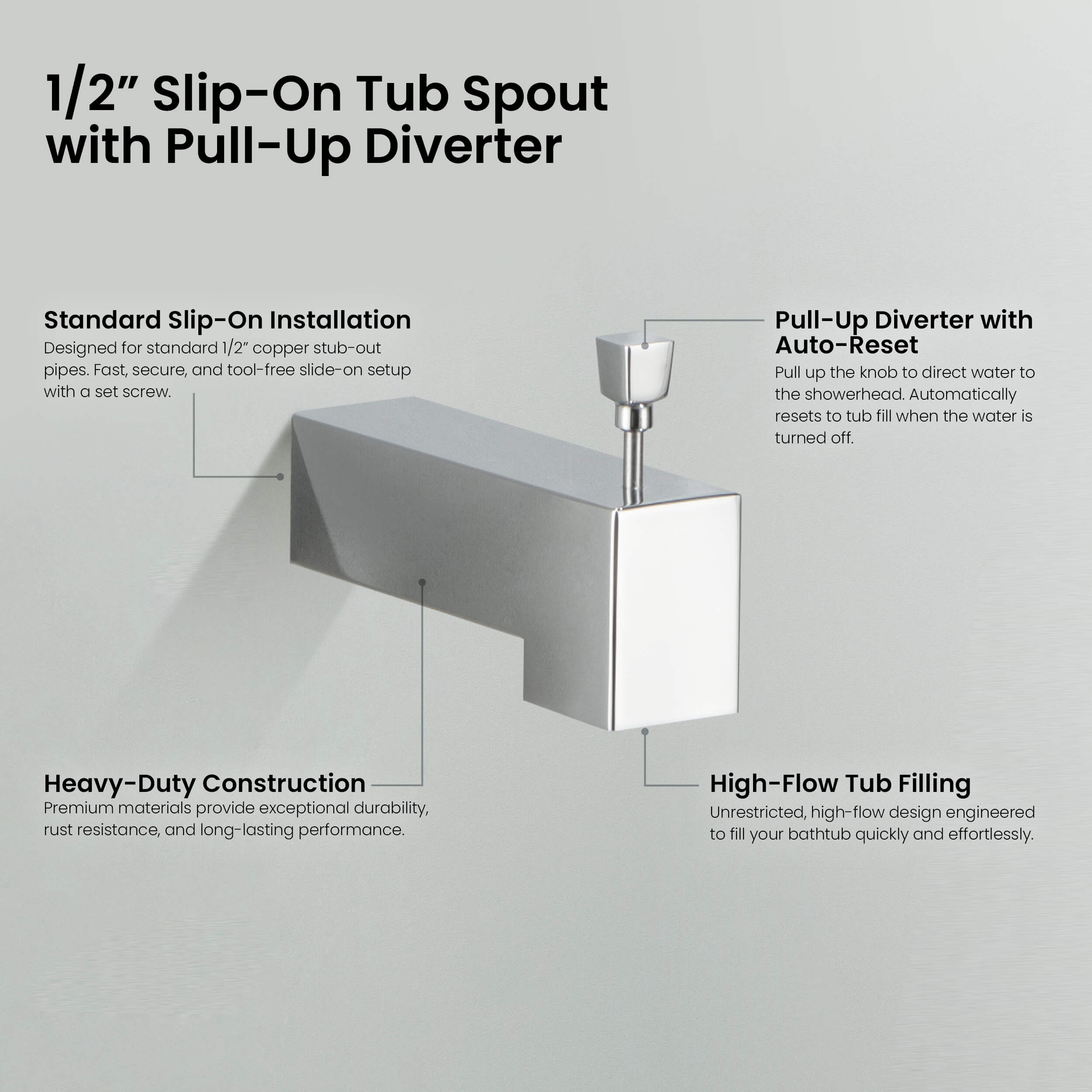 Quadra Wall Mounted 1/2" Slip-On Tub Spout with Diverter - TS103