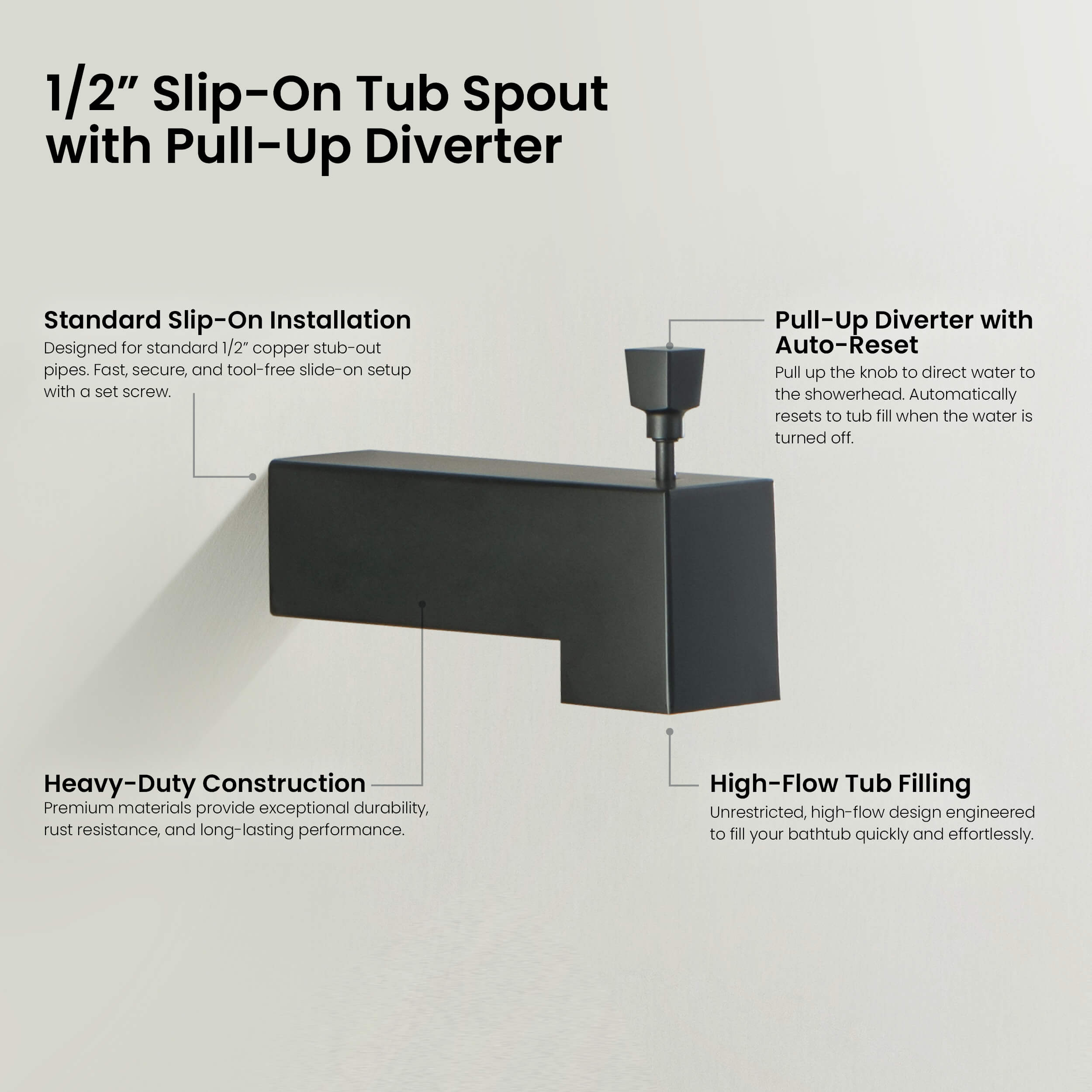 Quadra Wall Mounted 1/2" Slip-On Tub Spout with Diverter - TS103