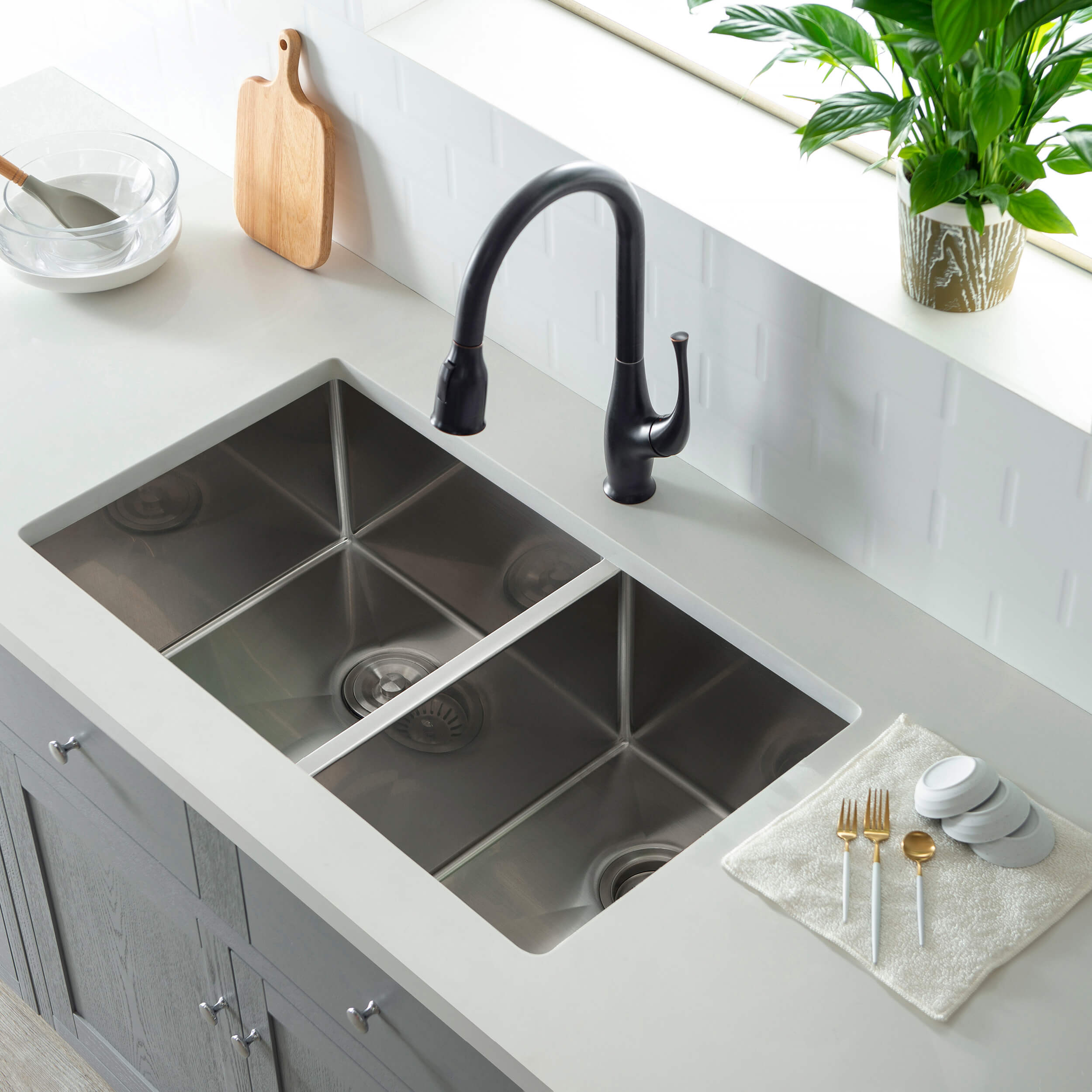 32 3/4" Handcrafted Undermount Double Bowl Stainless Steel Kitchen Sink - C1-33DBS