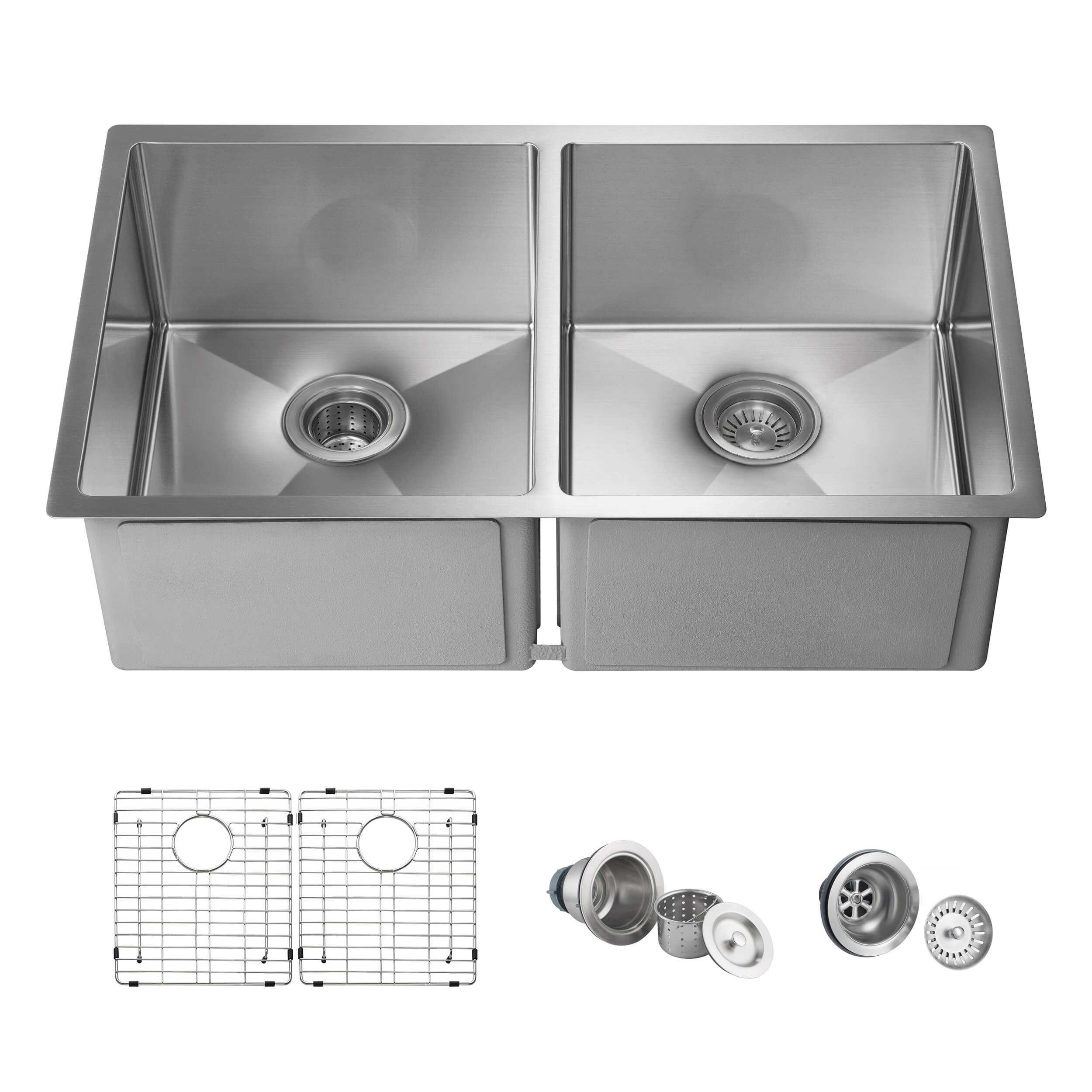 32 3/4" Handcrafted Undermount Double Bowl Stainless Steel Kitchen Sink - C1-33DEQ