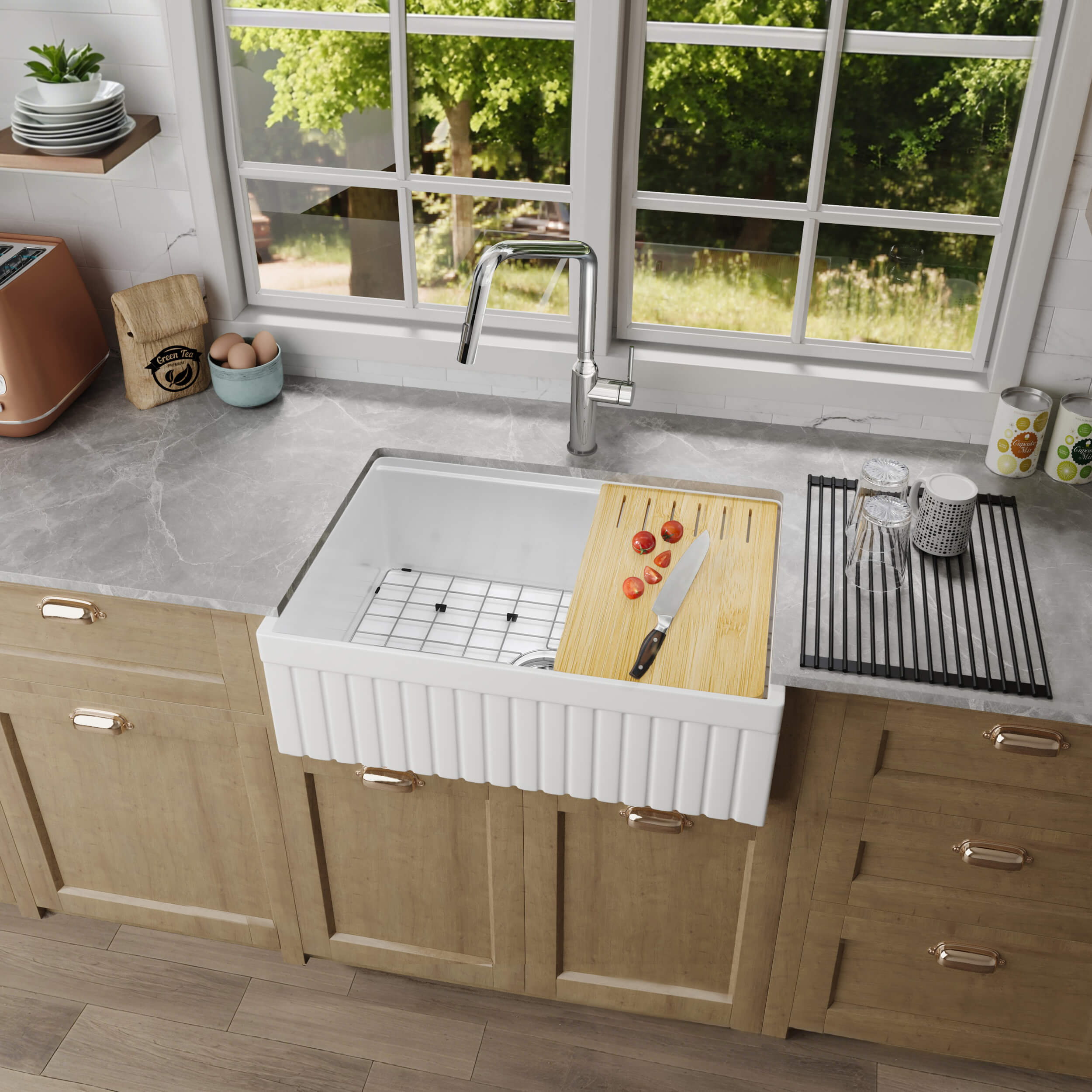 Pillar 30″ Kitchen Farmhouse Fireclay Workstation Sink - C2-30SFPIT