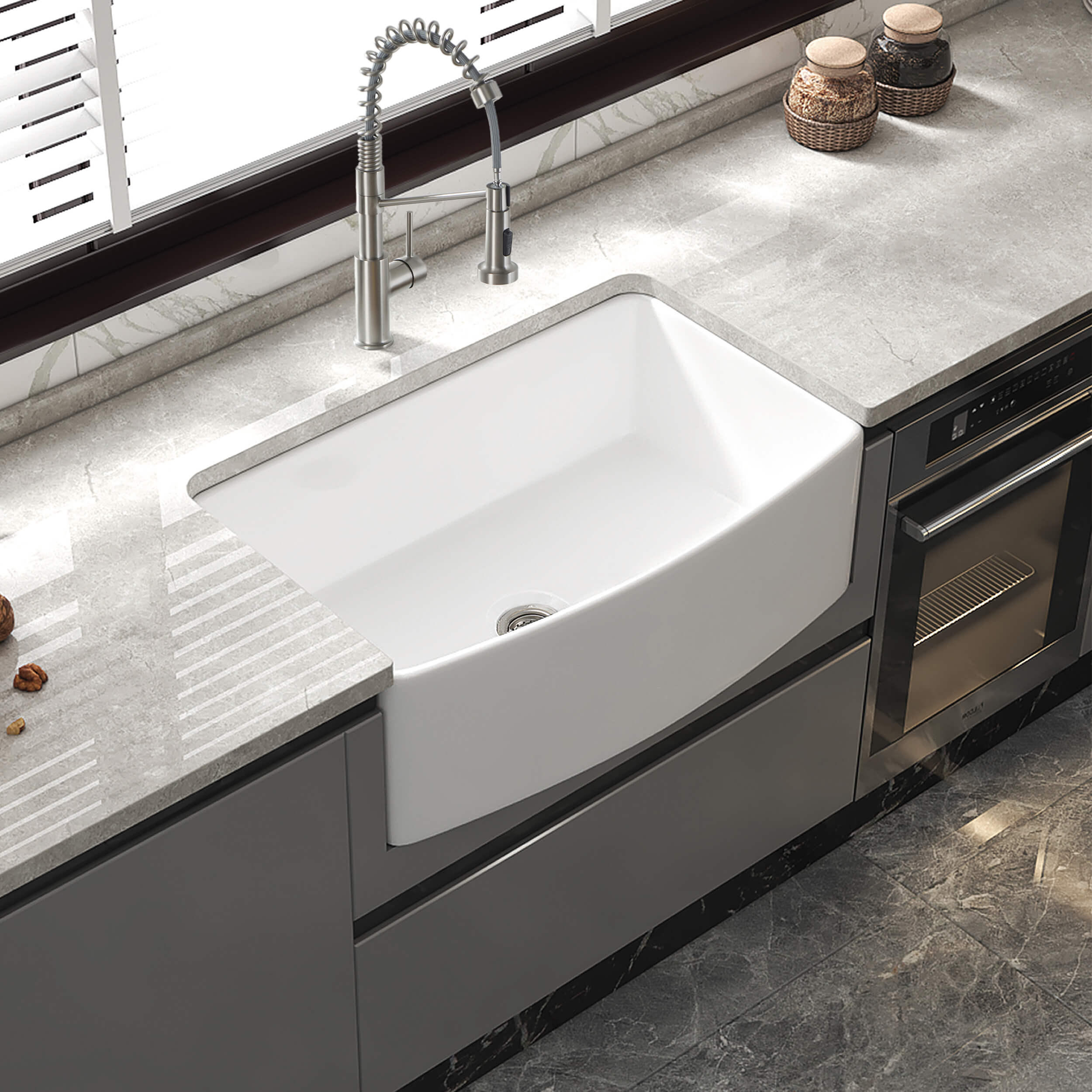 Nova 36" Curved Apron Front Fireclay Farmhouse Kitchen Sink - C2-36SFC