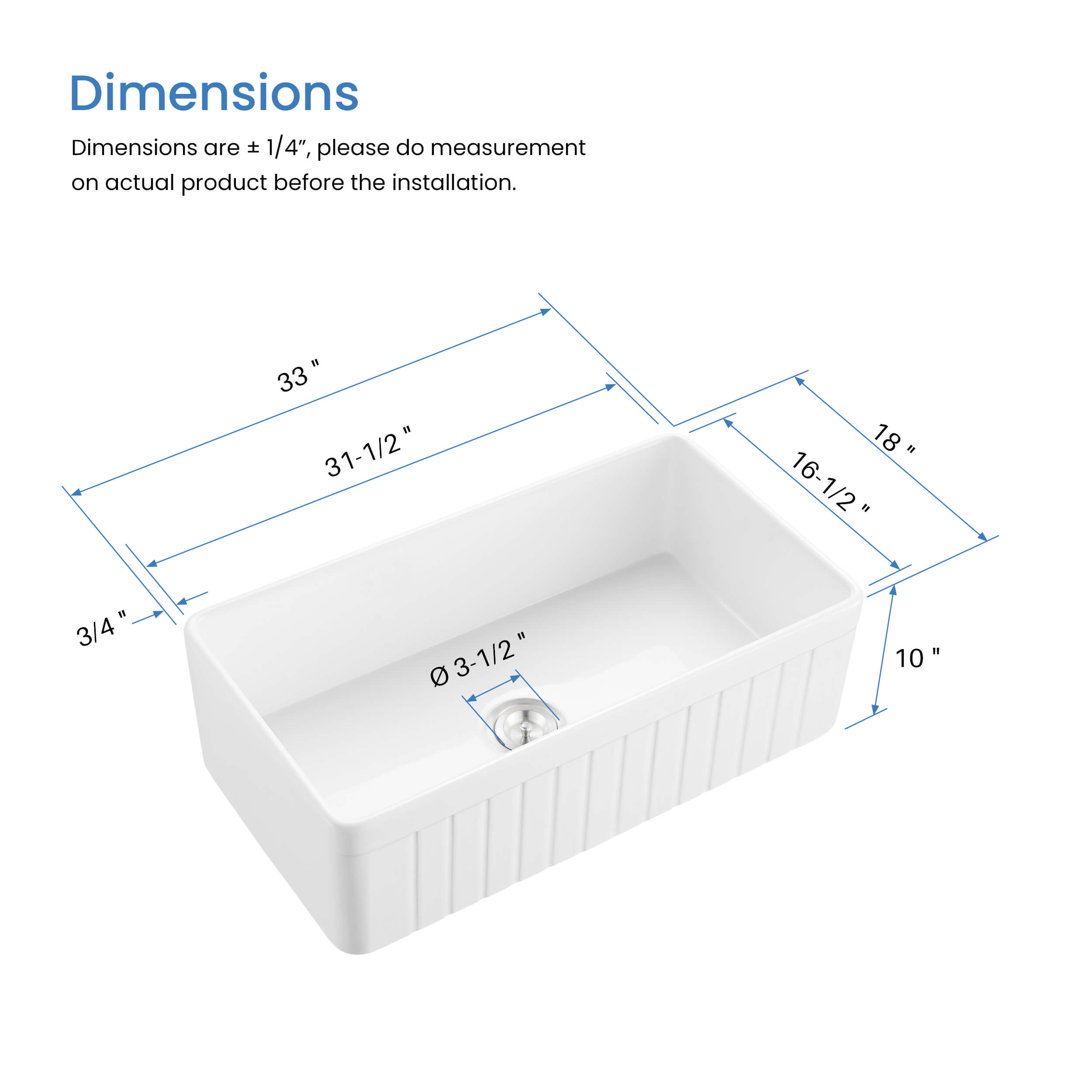 Nova - PL 33" Reversible Fireclay Single Bowl Kitchen Farmhouse Sink - C2-33SFPI
