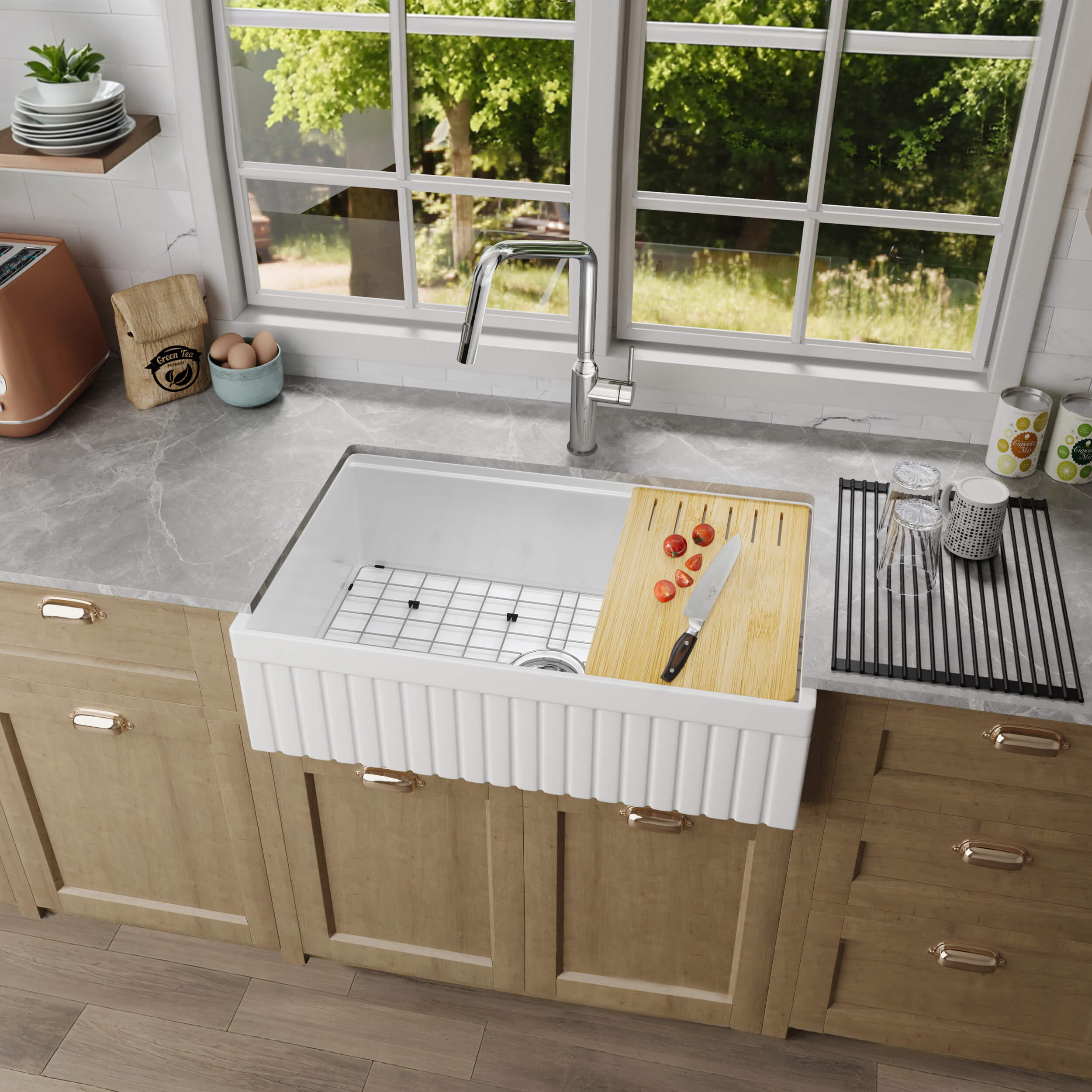 Pillar 33″ Kitchen Farmhouse Fireclay Workstation Sink - C2-33SFPIT