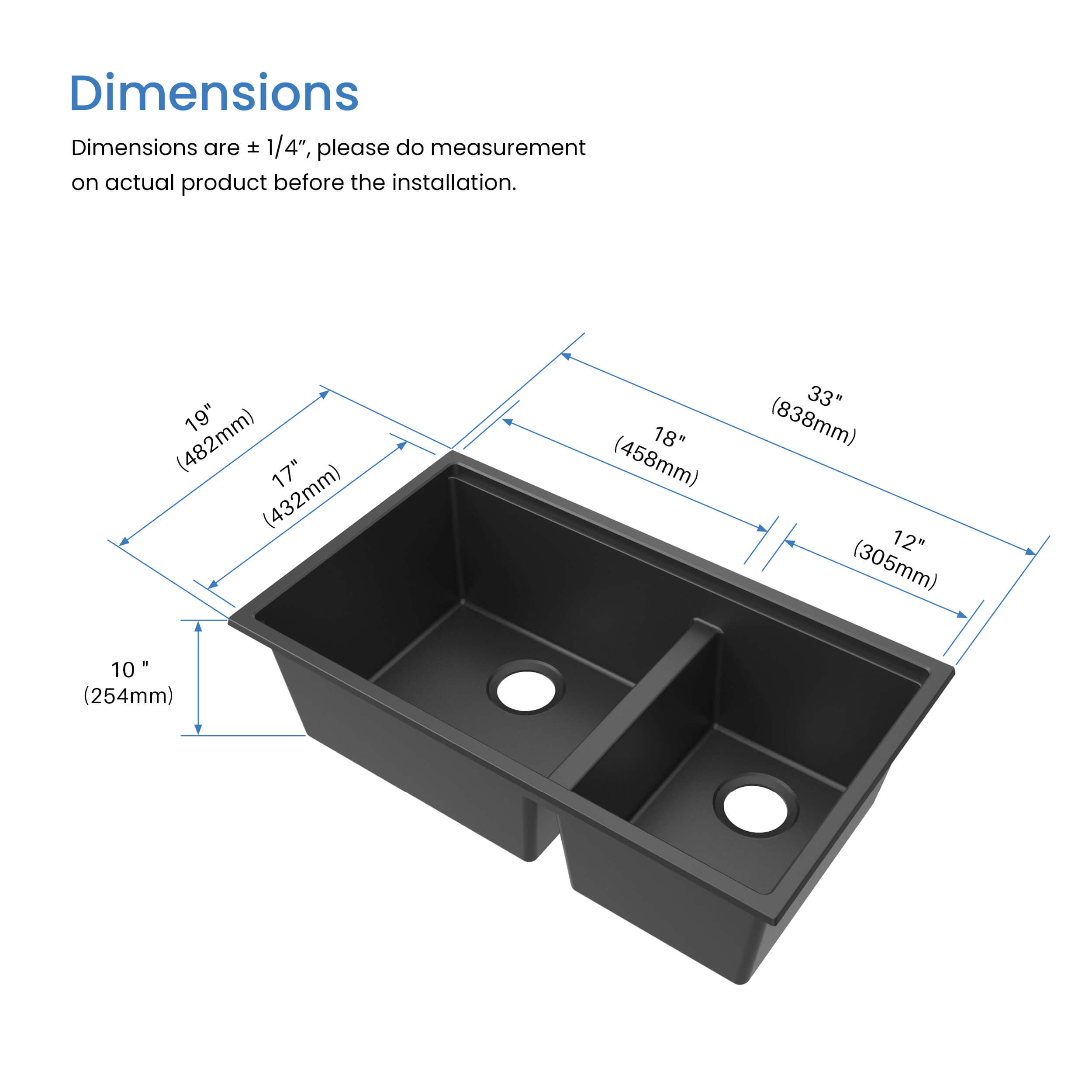 33" Undermount Workstation Double Bowl Quartz Kitchen Sink - C4-33DT