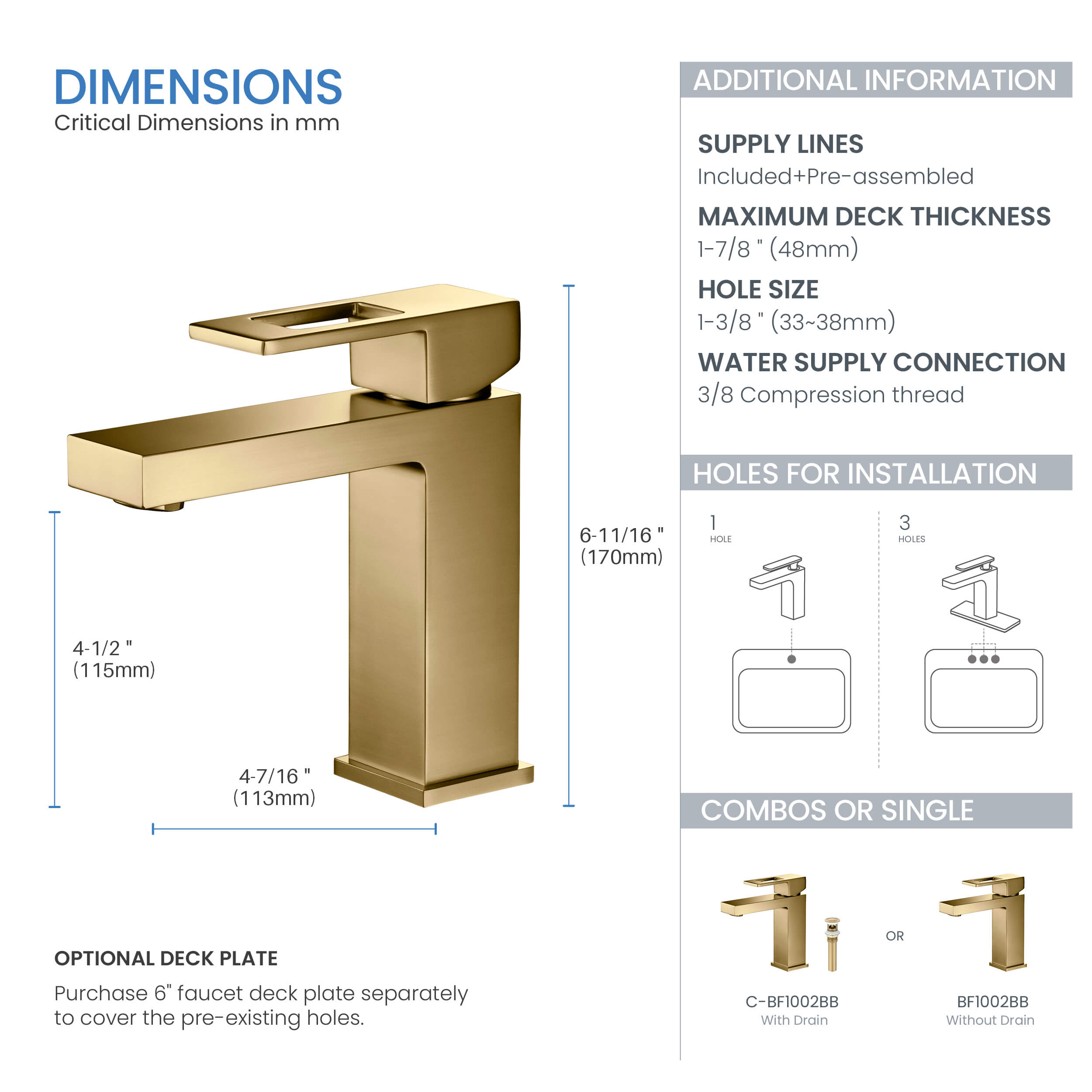Quadra Single Handle Bathroom Vanity Sink Faucet with Pop Up Drain - CBF-1002