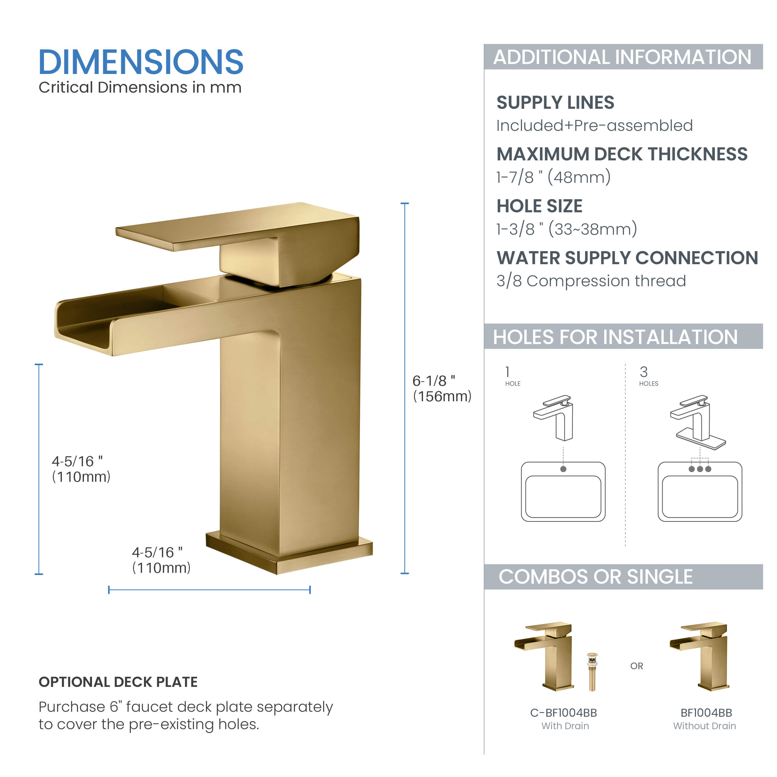 Quadra Waterfall Single Handle Bathroom Vanity Sink Faucet with Pop Up Drain - CBF-1004