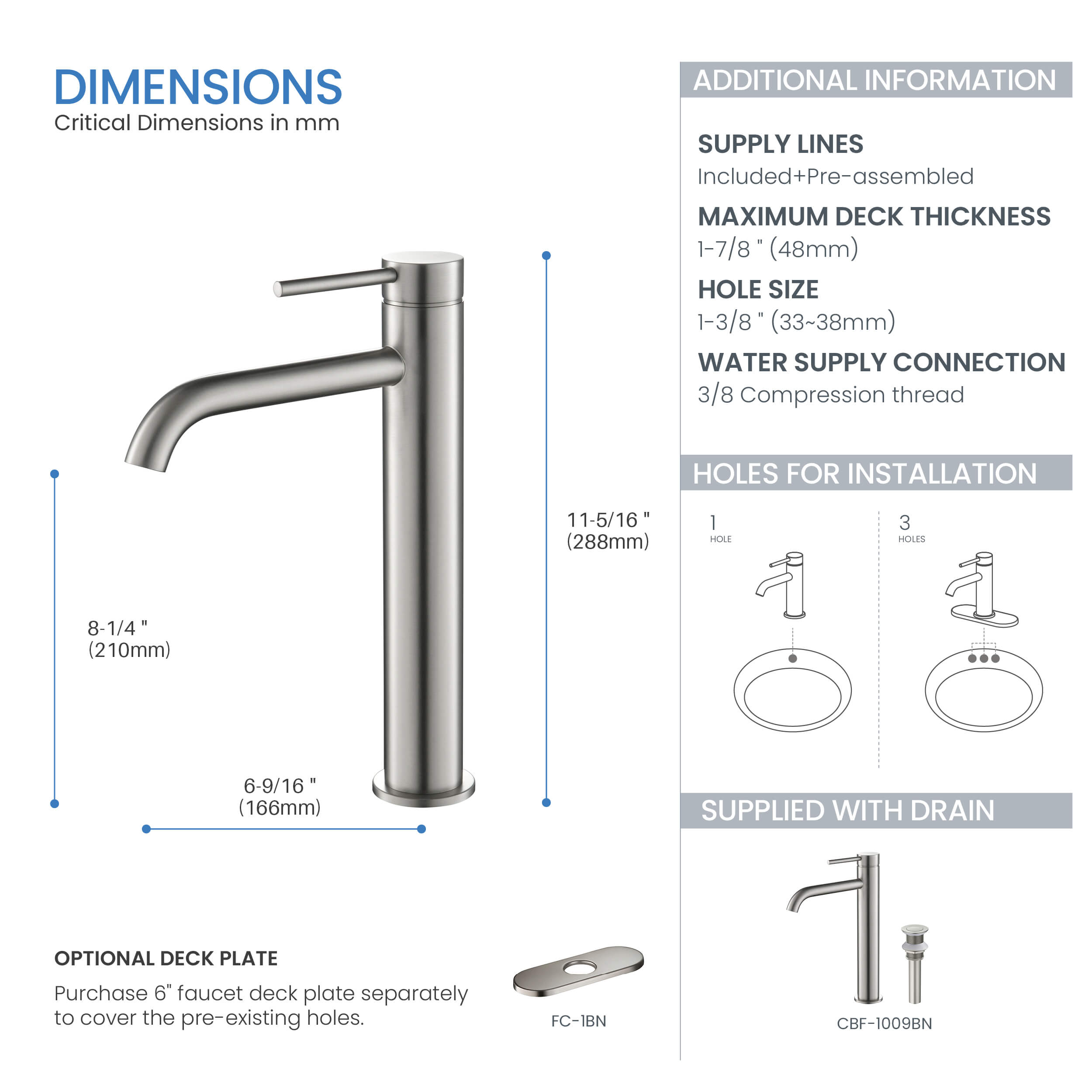 Halo Single Handle Bathroom Vessel Sink Faucet with Pop Up Drain - CBF-1009