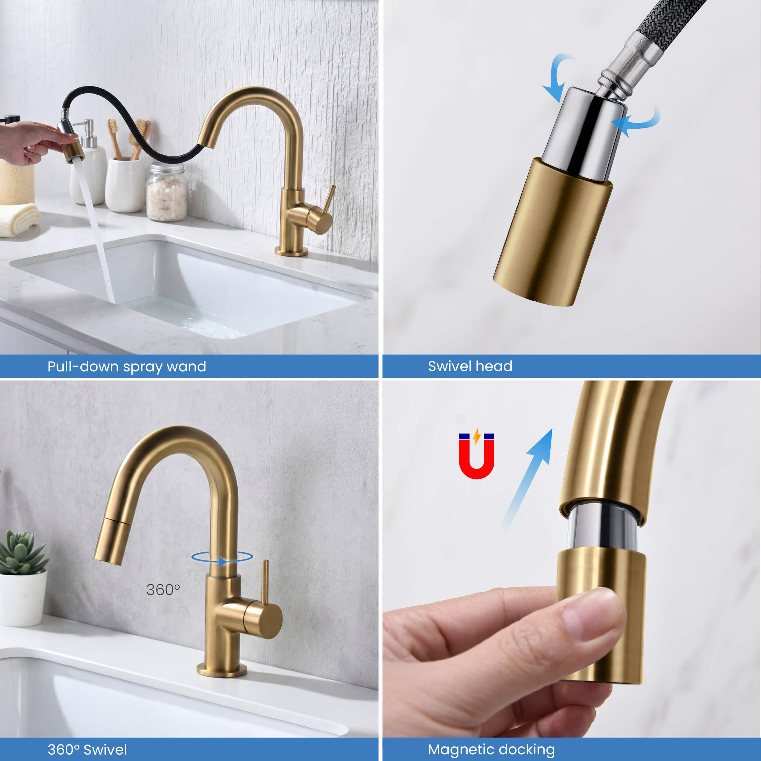 Halo Single Handle High-Arc Pull Down Sprayer Bathroom Vanity Sink Faucet - CBF-1077