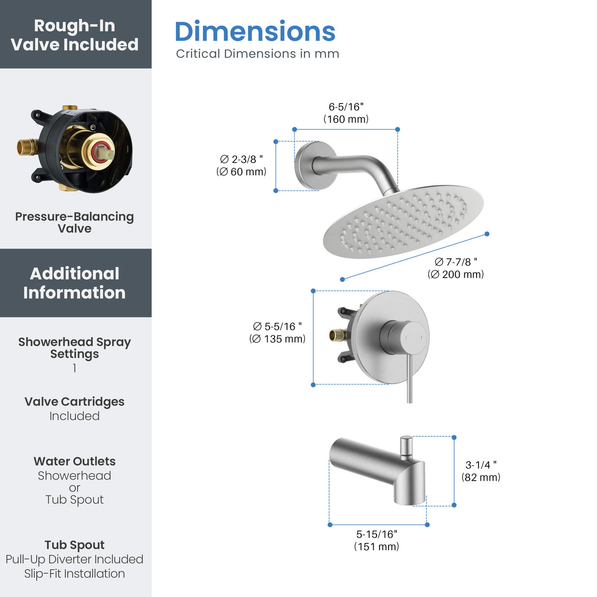 Halo Single Function Pressure Balanced Complete Shower Faucet Set with Tub Spout - CSF-4016
