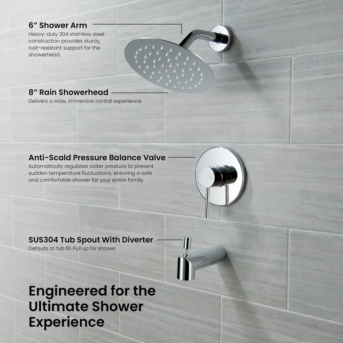 Halo Single Function Pressure Balanced Complete Shower Faucet Set with Tub Spout - CSF-4016