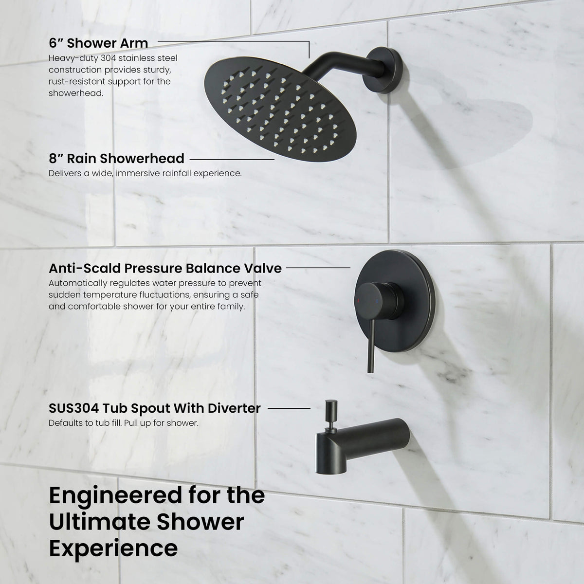 Halo Single Function Pressure Balanced Complete Shower Faucet Set with Tub Spout - CSF-4016