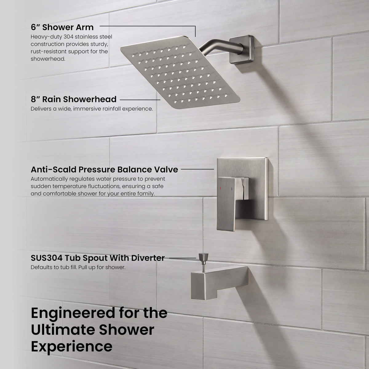 Quadra Single Function Pressure Balanced Complete Shower Faucet Set with Tub Spout - CSF-4018