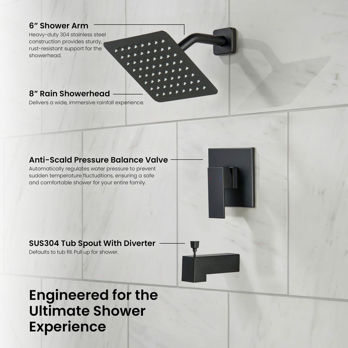 Quadra Single Function Pressure Balanced Complete Shower Faucet Set with Tub Spout - CSF-4018