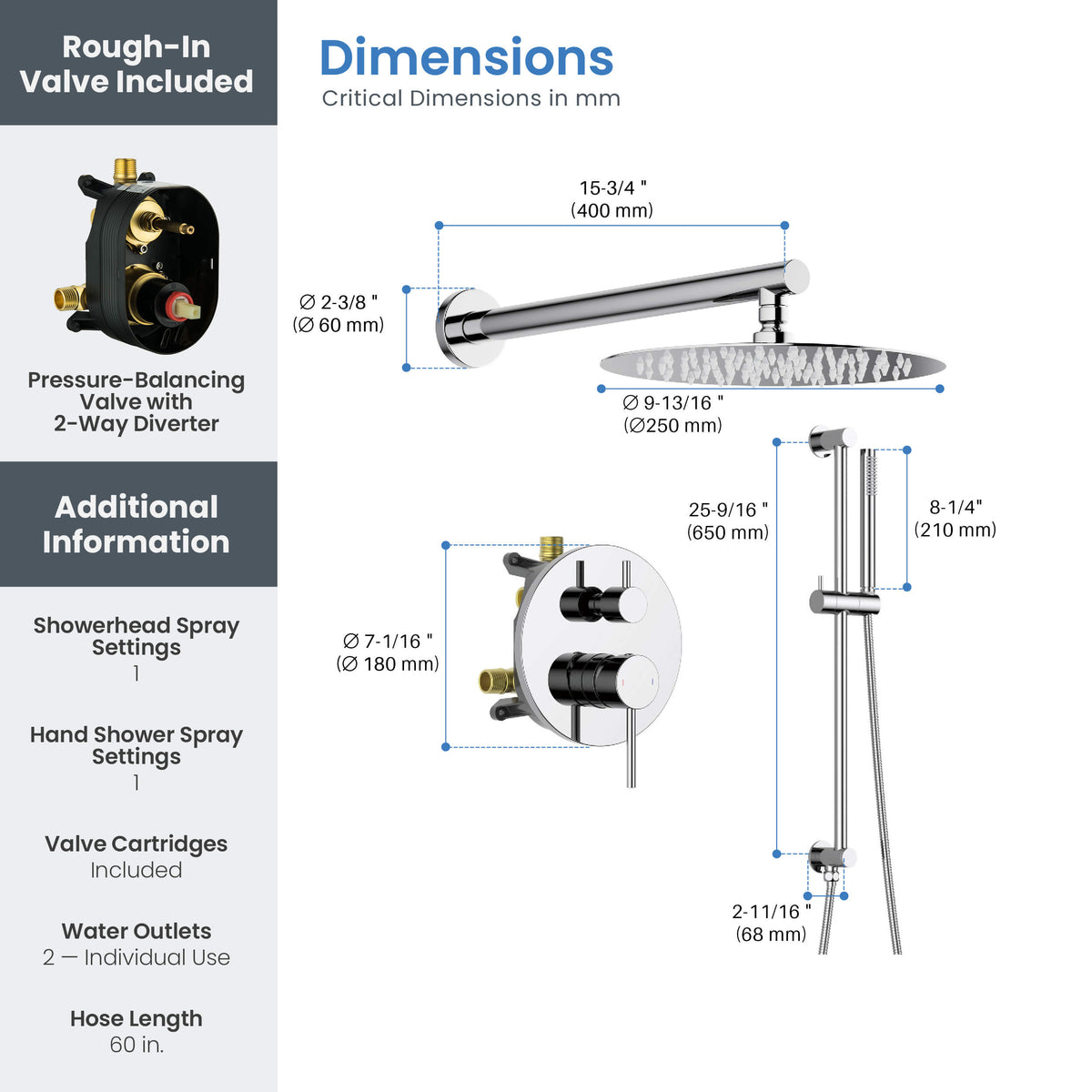 Halo 2-Function Pressure Balanced Complete Shower Faucet Set with Slide Bar - CSF-4019