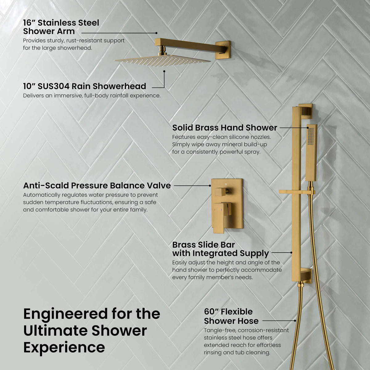 Quadra 2-Function Pressure Balanced Complete Shower Faucet Set with Slide Bar - CSF-4020