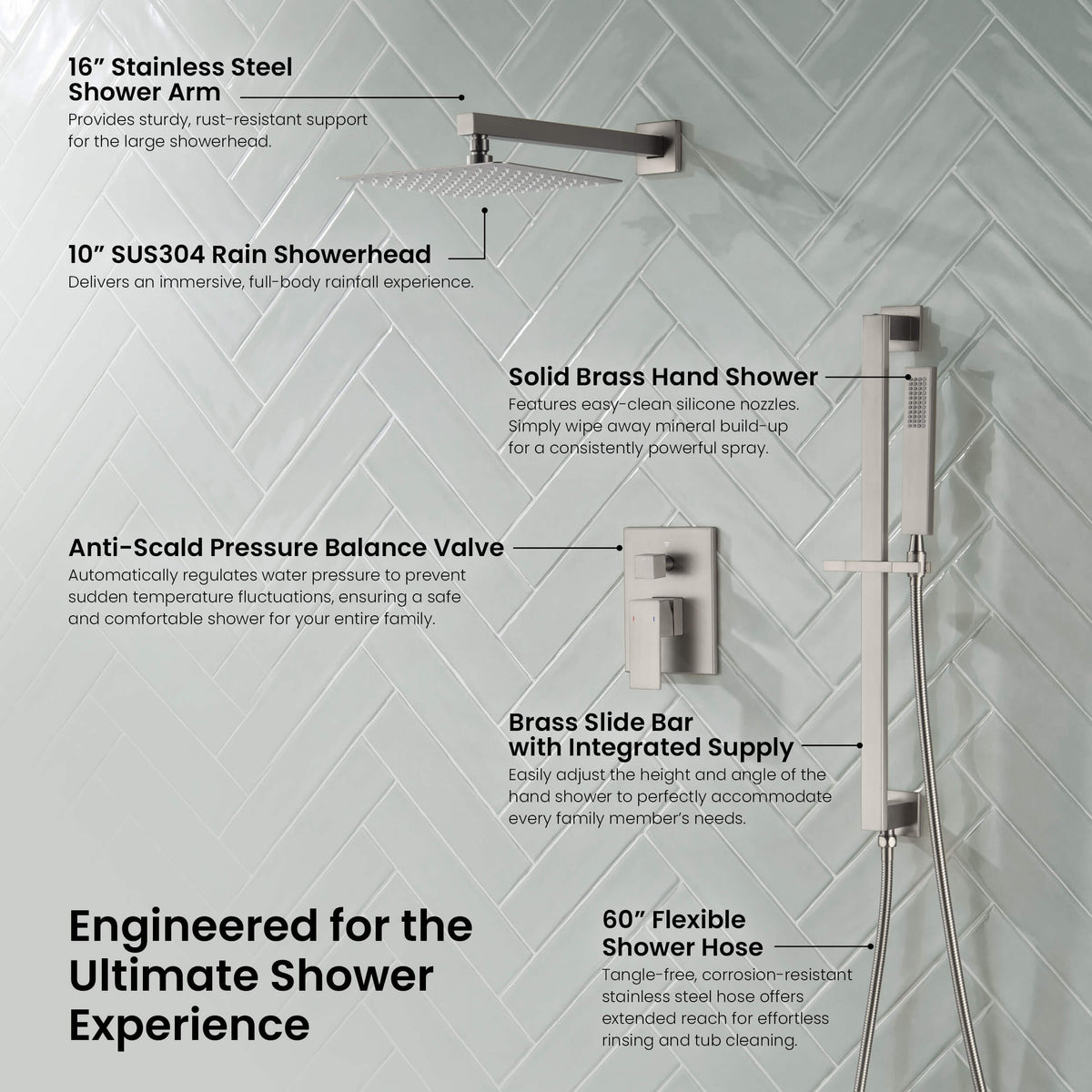 Quadra 2-Function Pressure Balanced Complete Shower Faucet Set with Slide Bar - CSF-4020