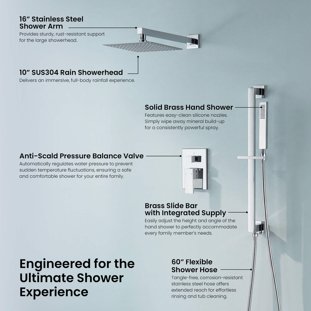 Quadra 2-Function Pressure Balanced Complete Shower Faucet Set with Slide Bar - CSF-4020
