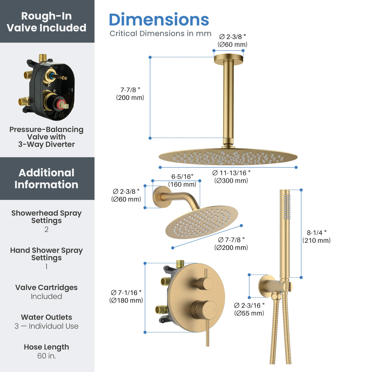 Halo 3-Function Pressure Balanced Complete Shower Faucet Set with Wall Mount, Ceiling Mount, and Handheld Shower Heads - CSF-4021