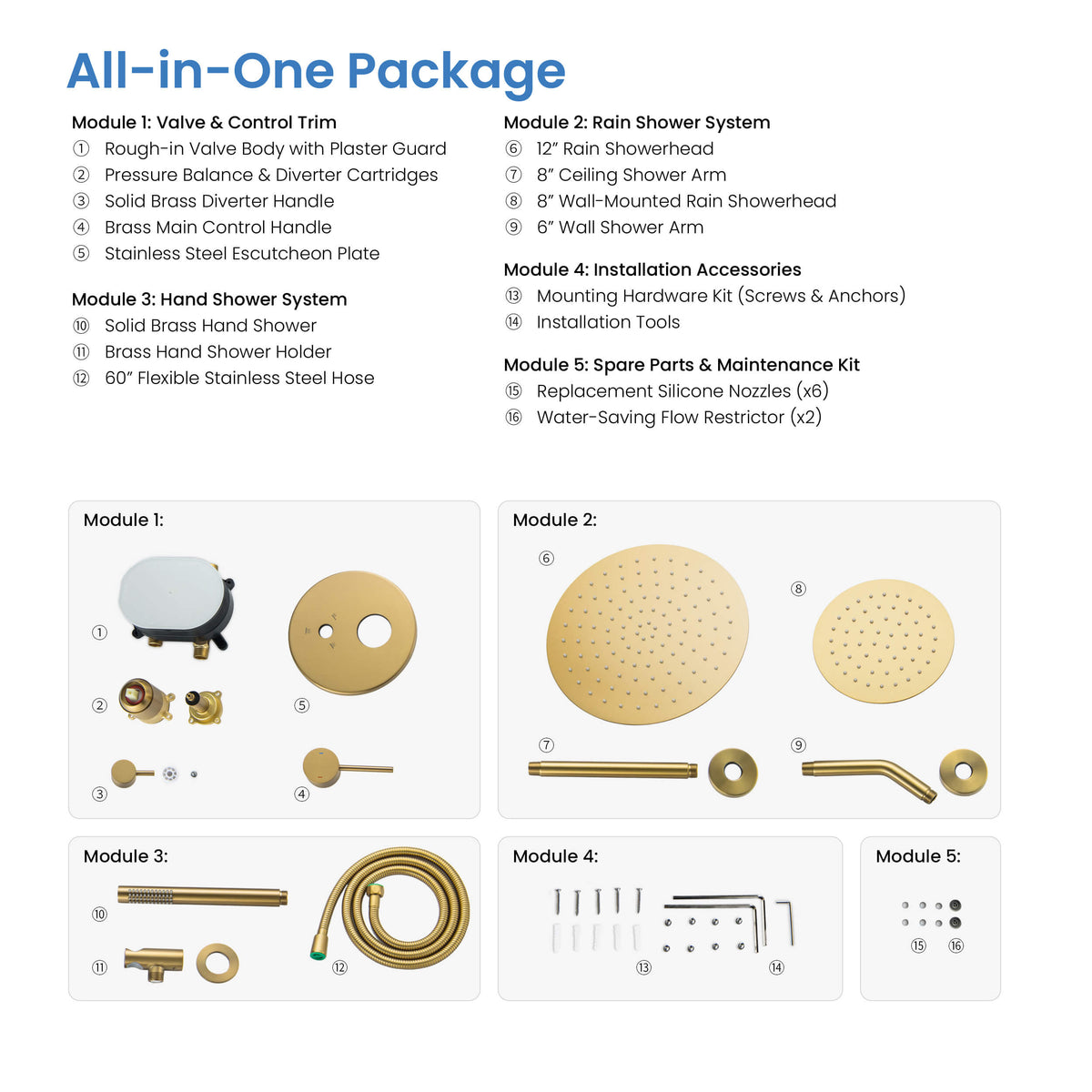 Halo 3-Function Pressure Balanced Complete Shower Faucet Set with Wall Mount, Ceiling Mount, and Handheld Shower Heads - CSF-4021