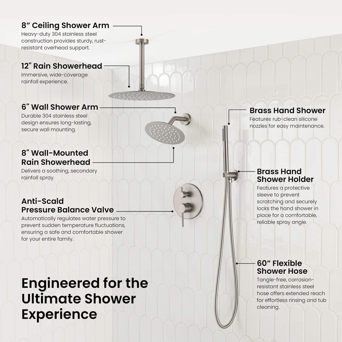 Halo 3-Function Pressure Balanced Complete Shower Faucet Set with Wall Mount, Ceiling Mount, and Handheld Shower Heads - CSF-4021