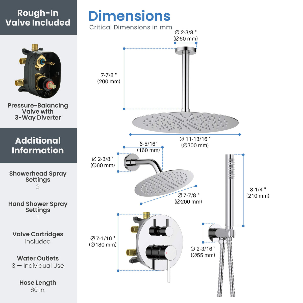 Halo 3-Function Pressure Balanced Complete Shower Faucet Set with Wall Mount, Ceiling Mount, and Handheld Shower Heads - CSF-4021