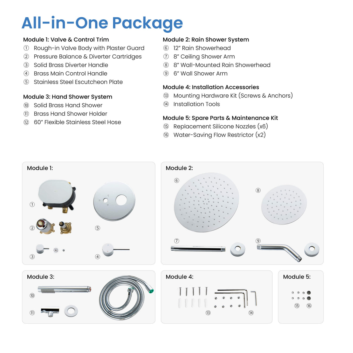 Halo 3-Function Pressure Balanced Complete Shower Faucet Set with Wall Mount, Ceiling Mount, and Handheld Shower Heads - CSF-4021