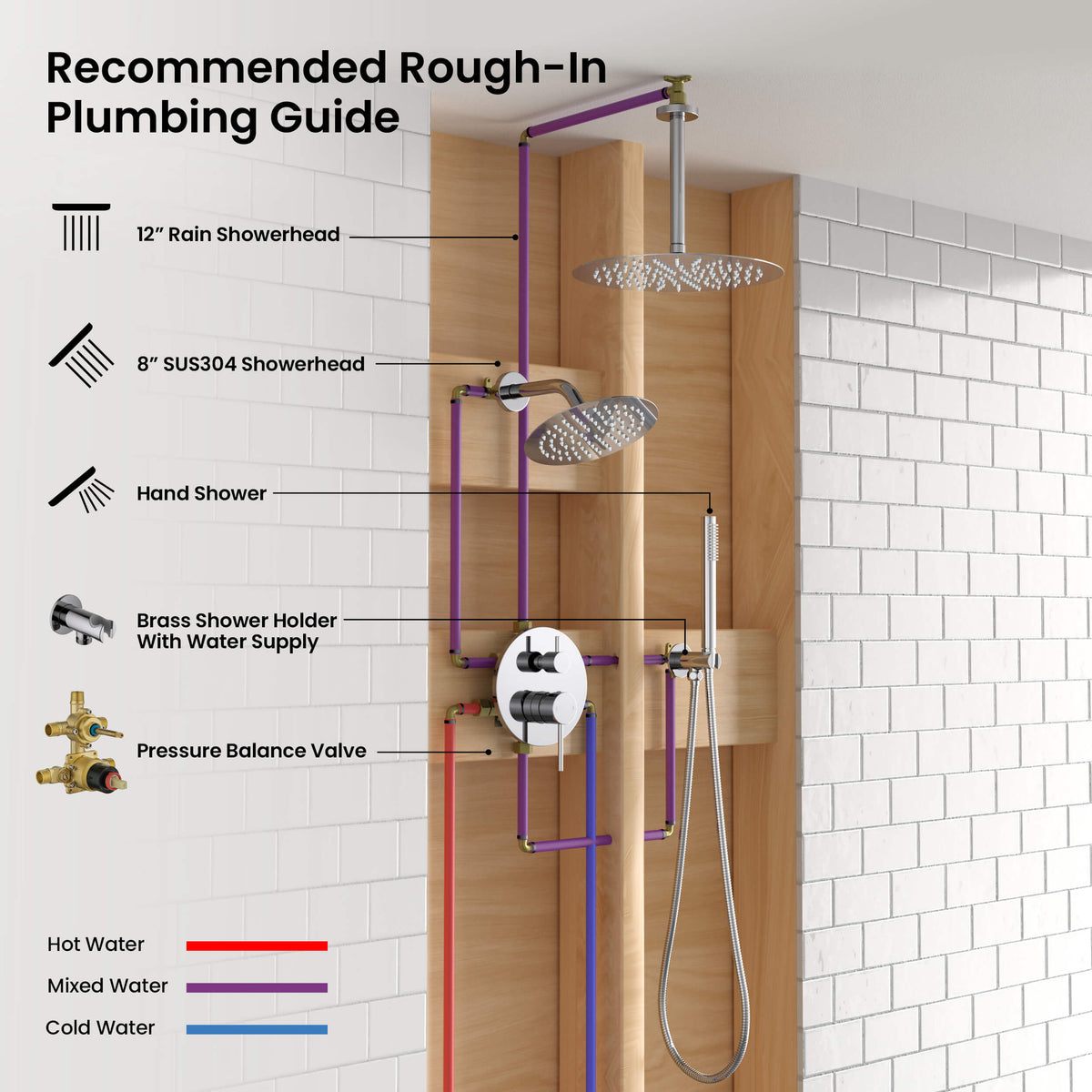 Halo 3-Function Pressure Balanced Complete Shower Faucet Set with Wall Mount, Ceiling Mount, and Handheld Shower Heads - CSF-4021
