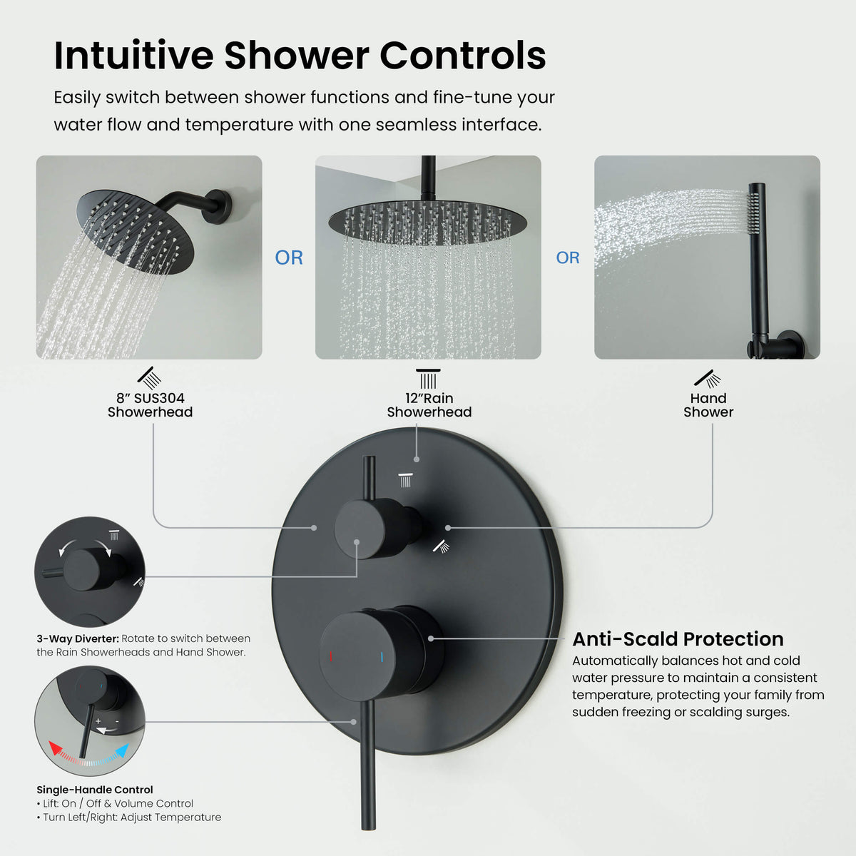 Halo 3-Function Pressure Balanced Complete Shower Faucet Set with Wall Mount, Ceiling Mount, and Handheld Shower Heads - CSF-4021