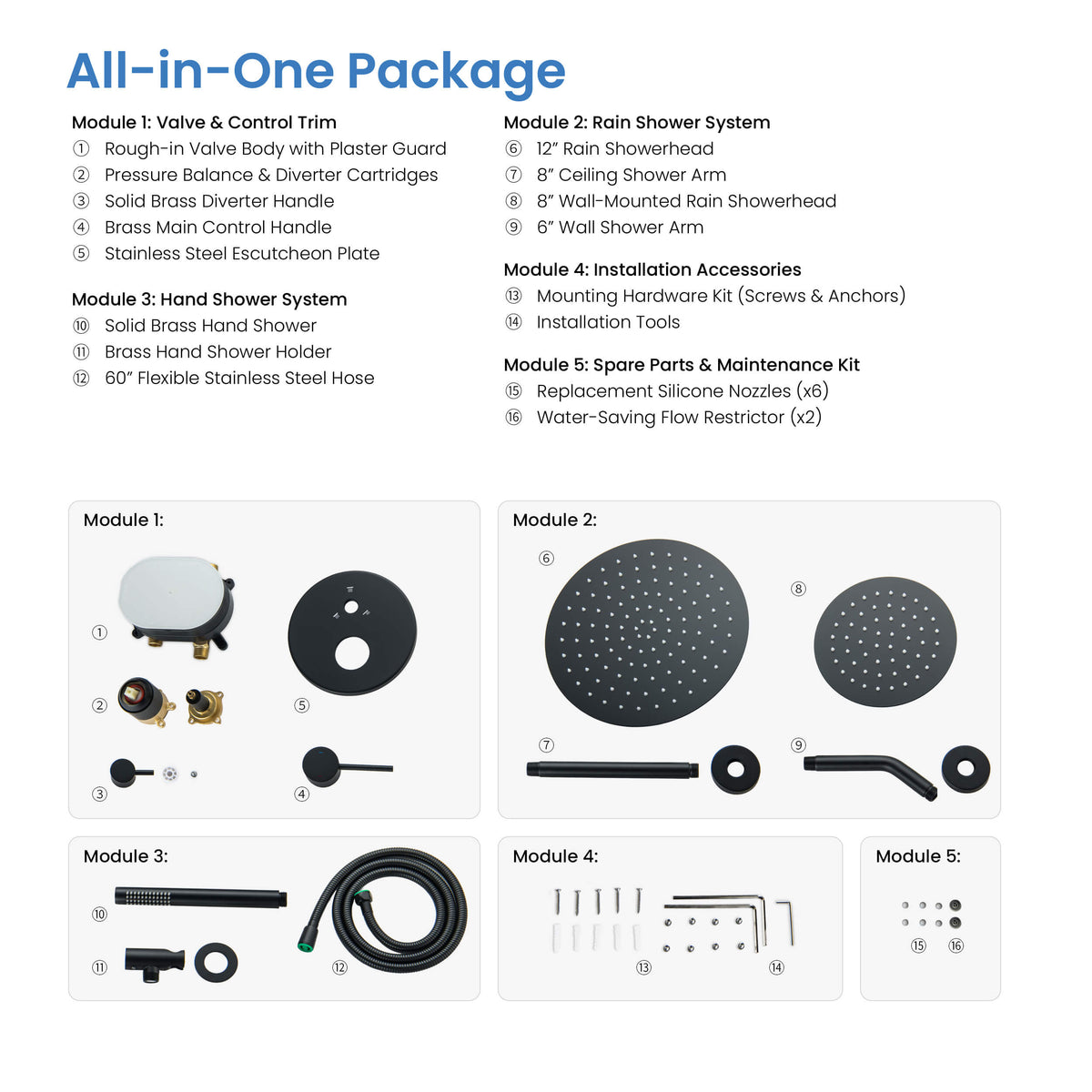 Halo 3-Function Pressure Balanced Complete Shower Faucet Set with Wall Mount, Ceiling Mount, and Handheld Shower Heads - CSF-4021