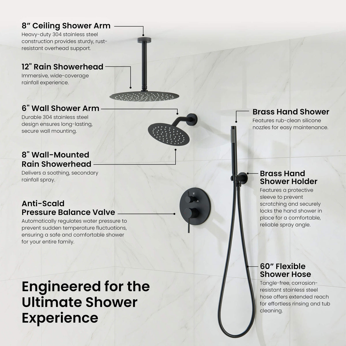 Halo 3-Function Pressure Balanced Complete Shower Faucet Set with Wall Mount, Ceiling Mount, and Handheld Shower Heads - CSF-4021