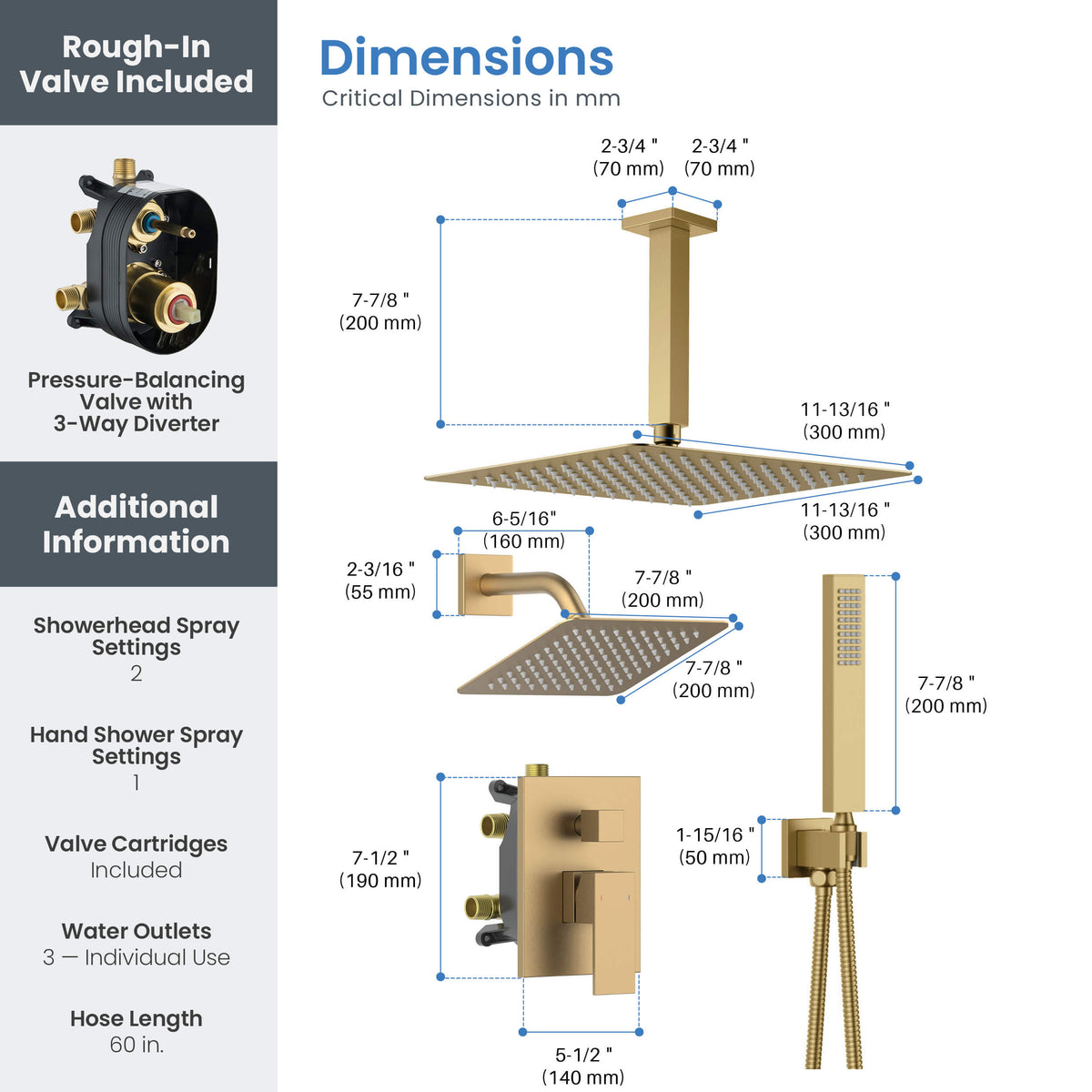 Quadra 3-Function Pressure Balanced Complete Shower Faucet Set with Wall Mount, Ceiling Mount, and Handheld Shower Heads - CSF-4022