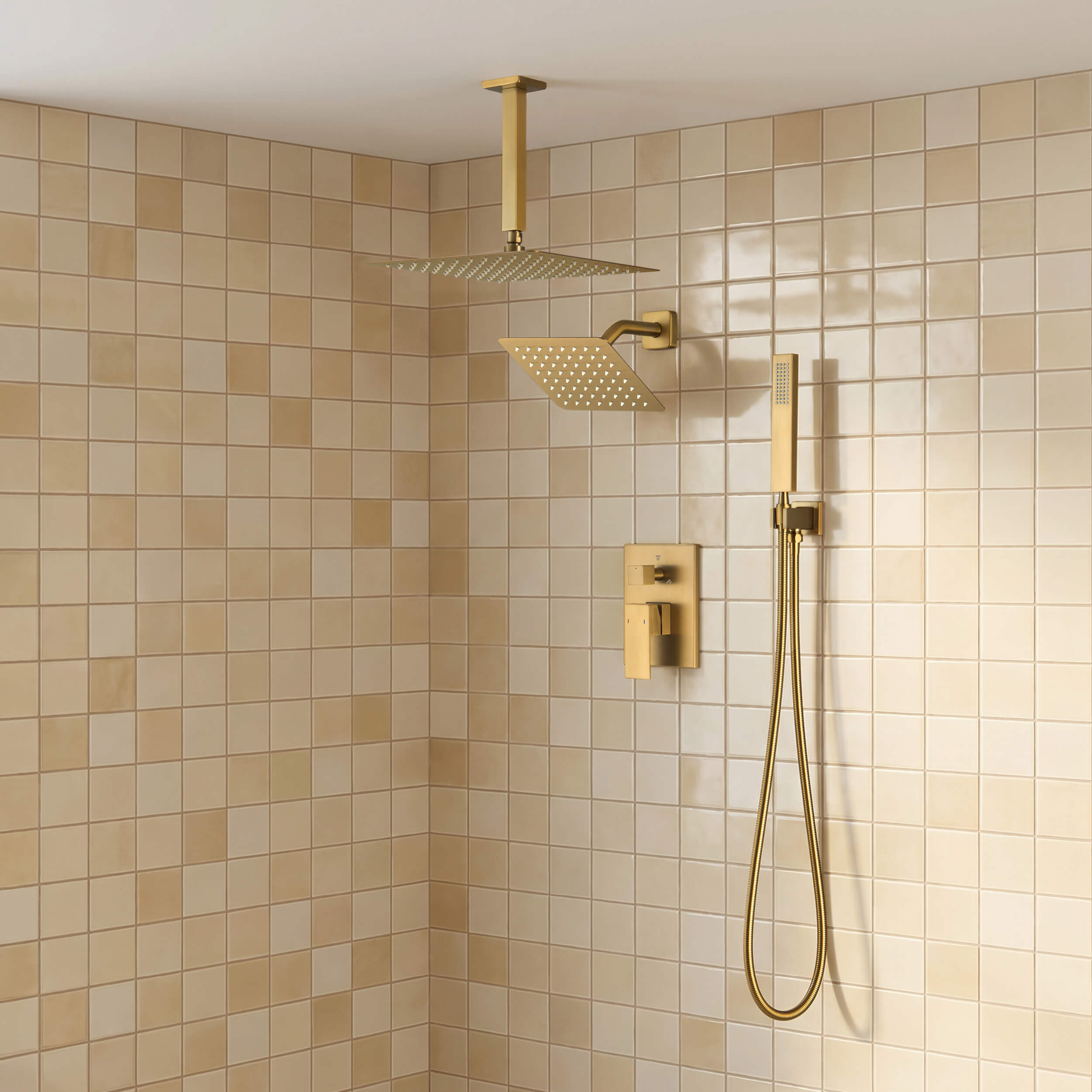 Quadra 3-Function Pressure Balanced Complete Shower Faucet Set with Wall Mount, Ceiling Mount, and Handheld Shower Heads - CSF-4022