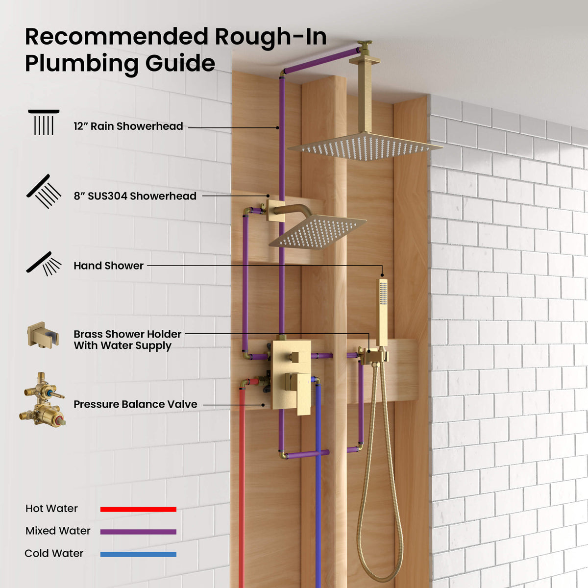 Quadra 3-Function Pressure Balanced Complete Shower Faucet Set with Wall Mount, Ceiling Mount, and Handheld Shower Heads - CSF-4022