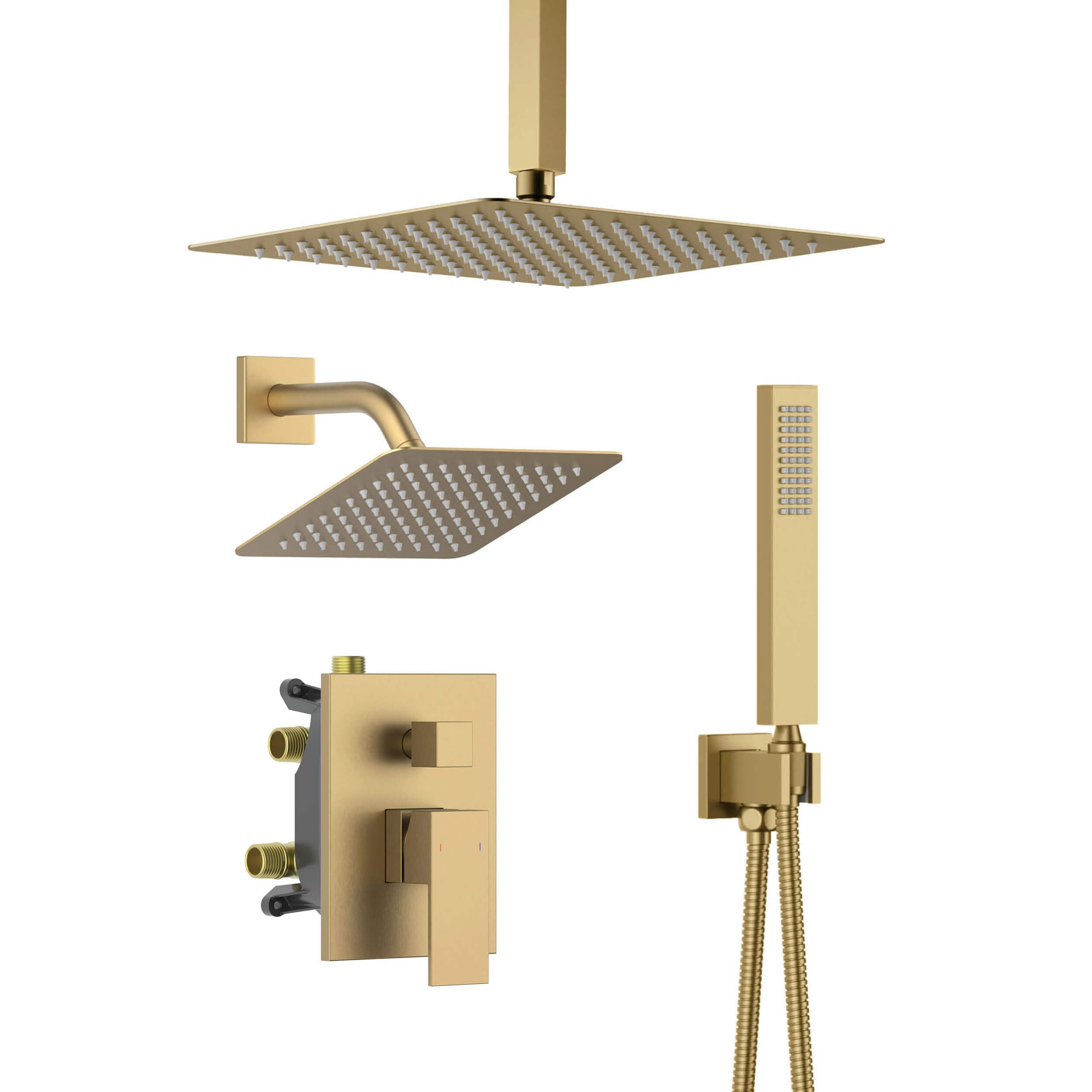 Quadra 3-Function Pressure Balanced Complete Shower Faucet Set with Wall Mount, Ceiling Mount, and Handheld Shower Heads - CSF-4022
