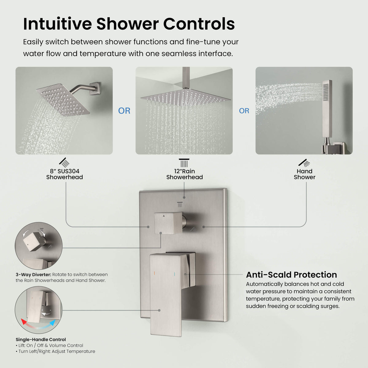 Quadra 3-Function Pressure Balanced Complete Shower Faucet Set with Wall Mount, Ceiling Mount, and Handheld Shower Heads - CSF-4022