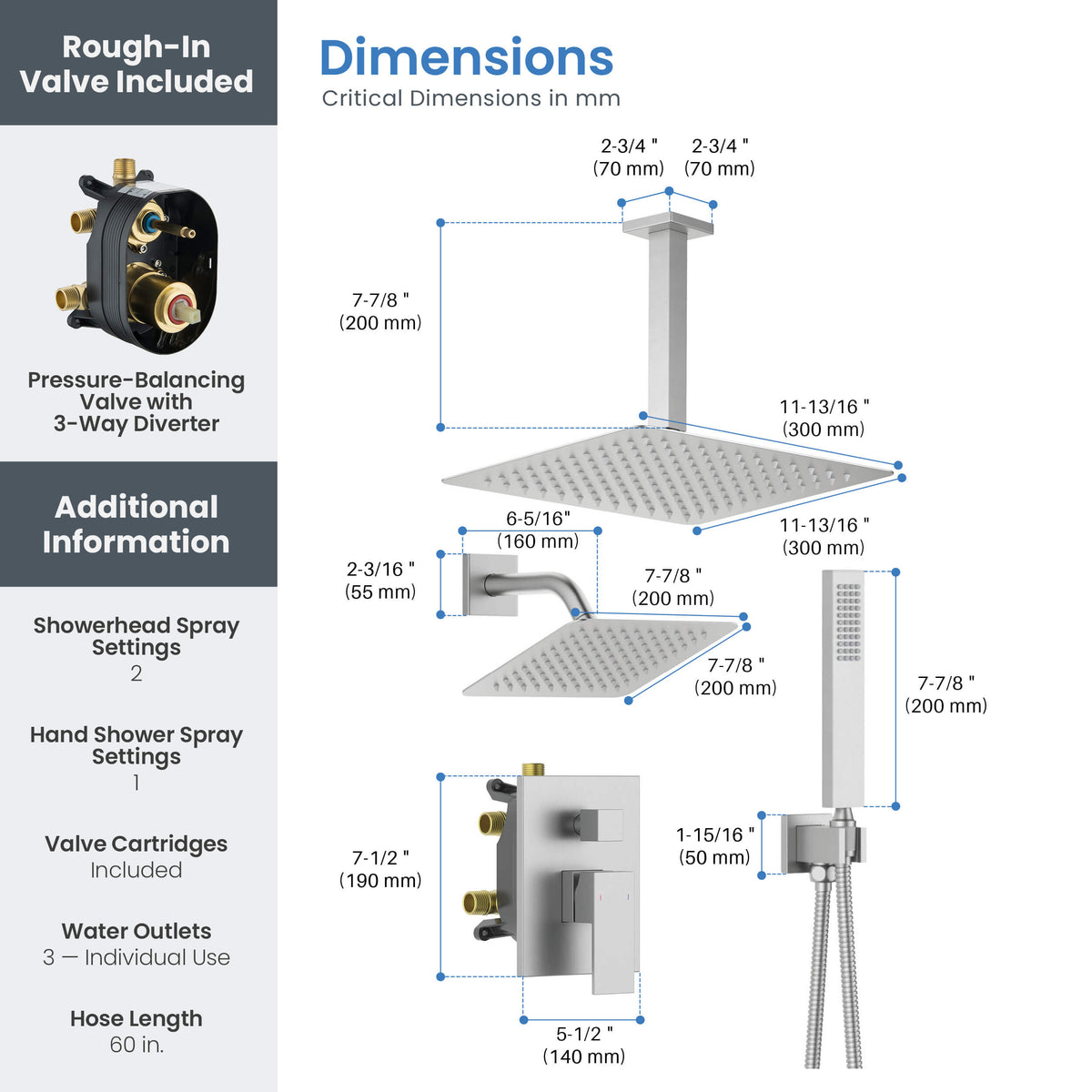 Quadra 3-Function Pressure Balanced Complete Shower Faucet Set with Wall Mount, Ceiling Mount, and Handheld Shower Heads - CSF-4022