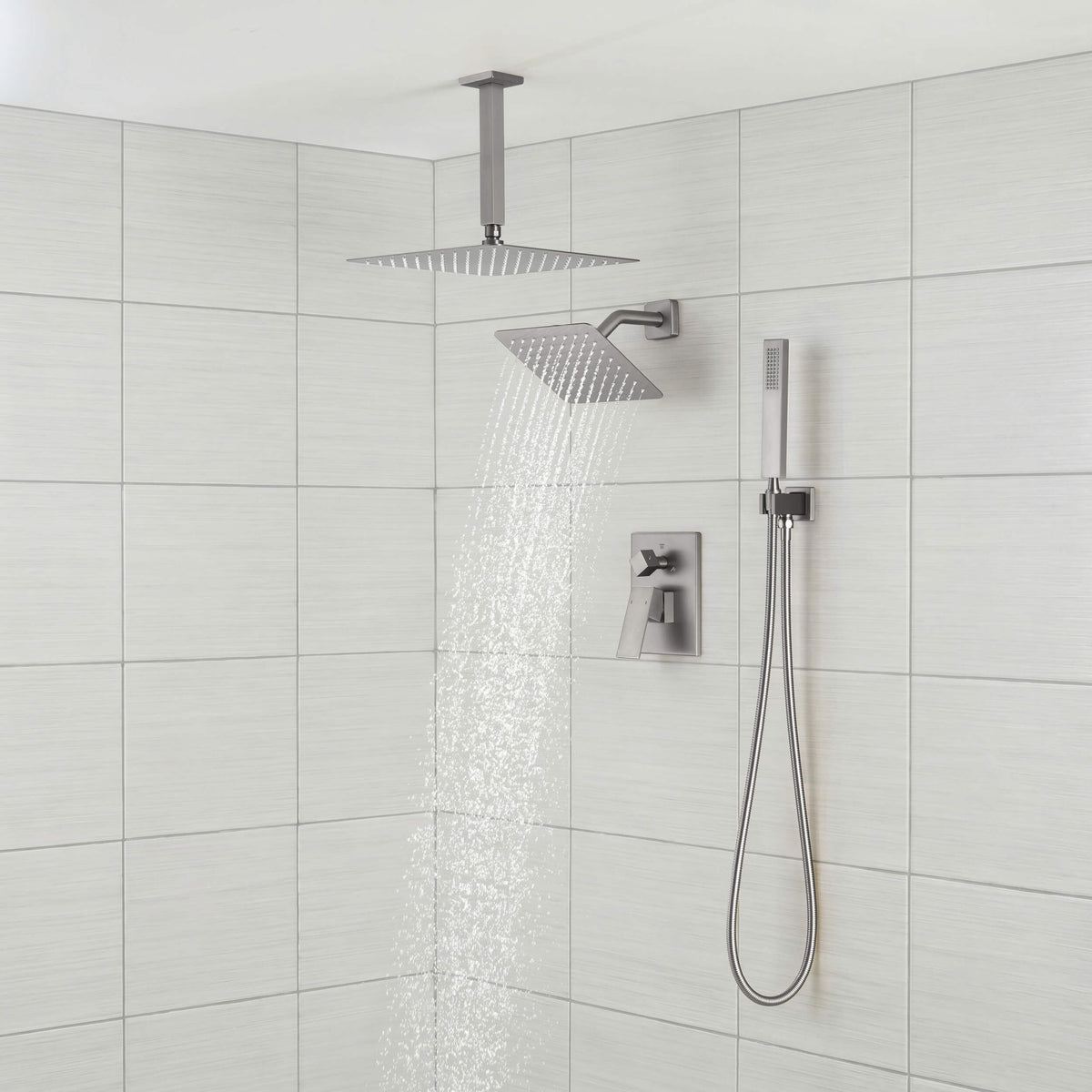 Quadra 3-Function Pressure Balanced Complete Shower Faucet Set with Wall Mount, Ceiling Mount, and Handheld Shower Heads - CSF-4022