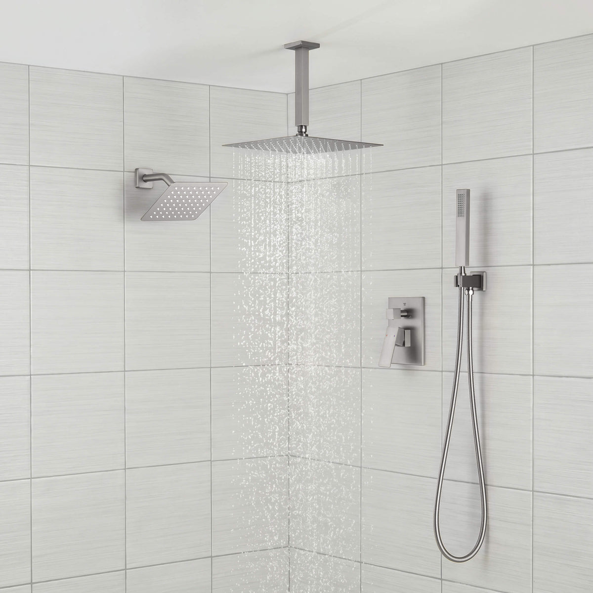 Quadra 3-Function Pressure Balanced Complete Shower Faucet Set with Wall Mount, Ceiling Mount, and Handheld Shower Heads - CSF-4022