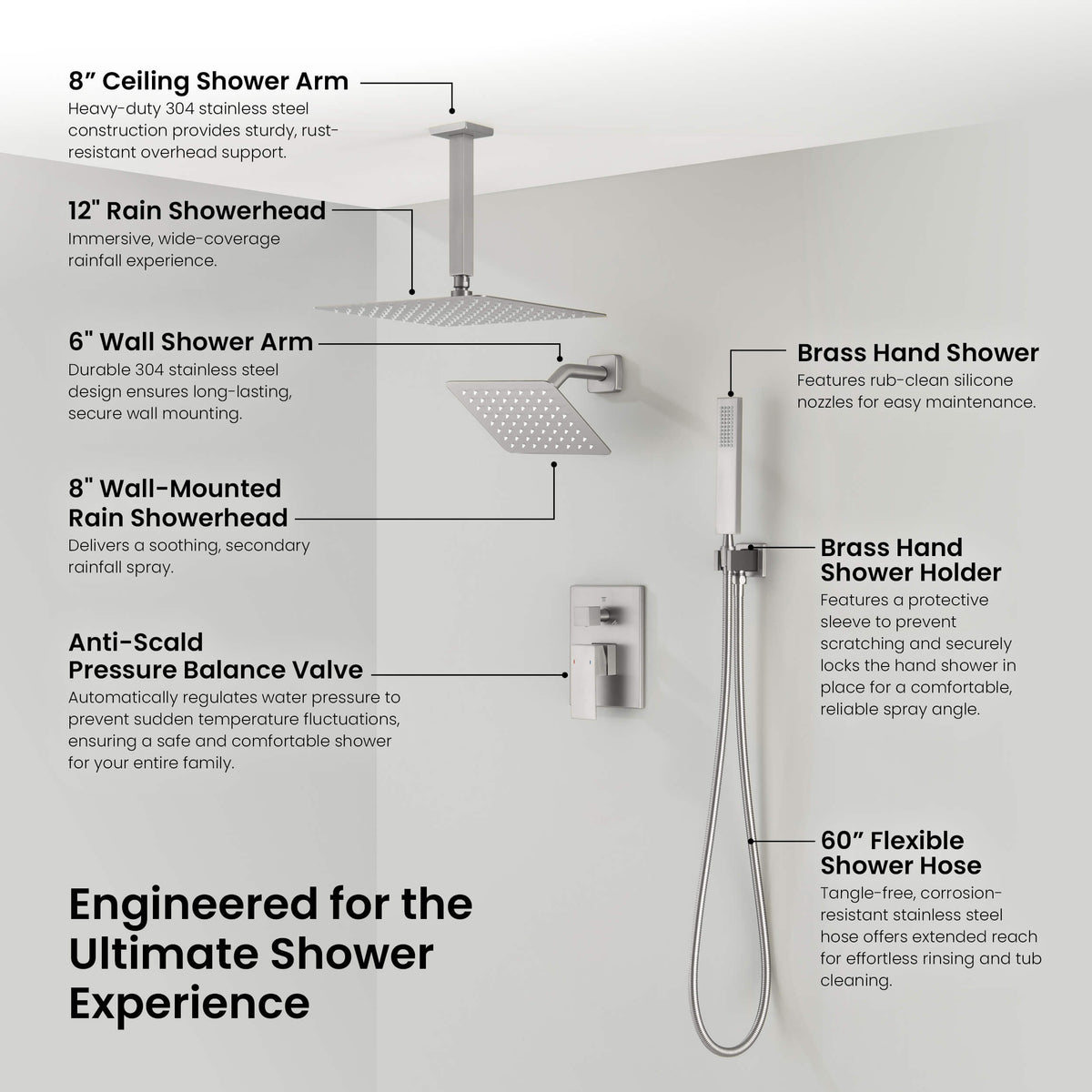 Quadra 3-Function Pressure Balanced Complete Shower Faucet Set with Wall Mount, Ceiling Mount, and Handheld Shower Heads - CSF-4022