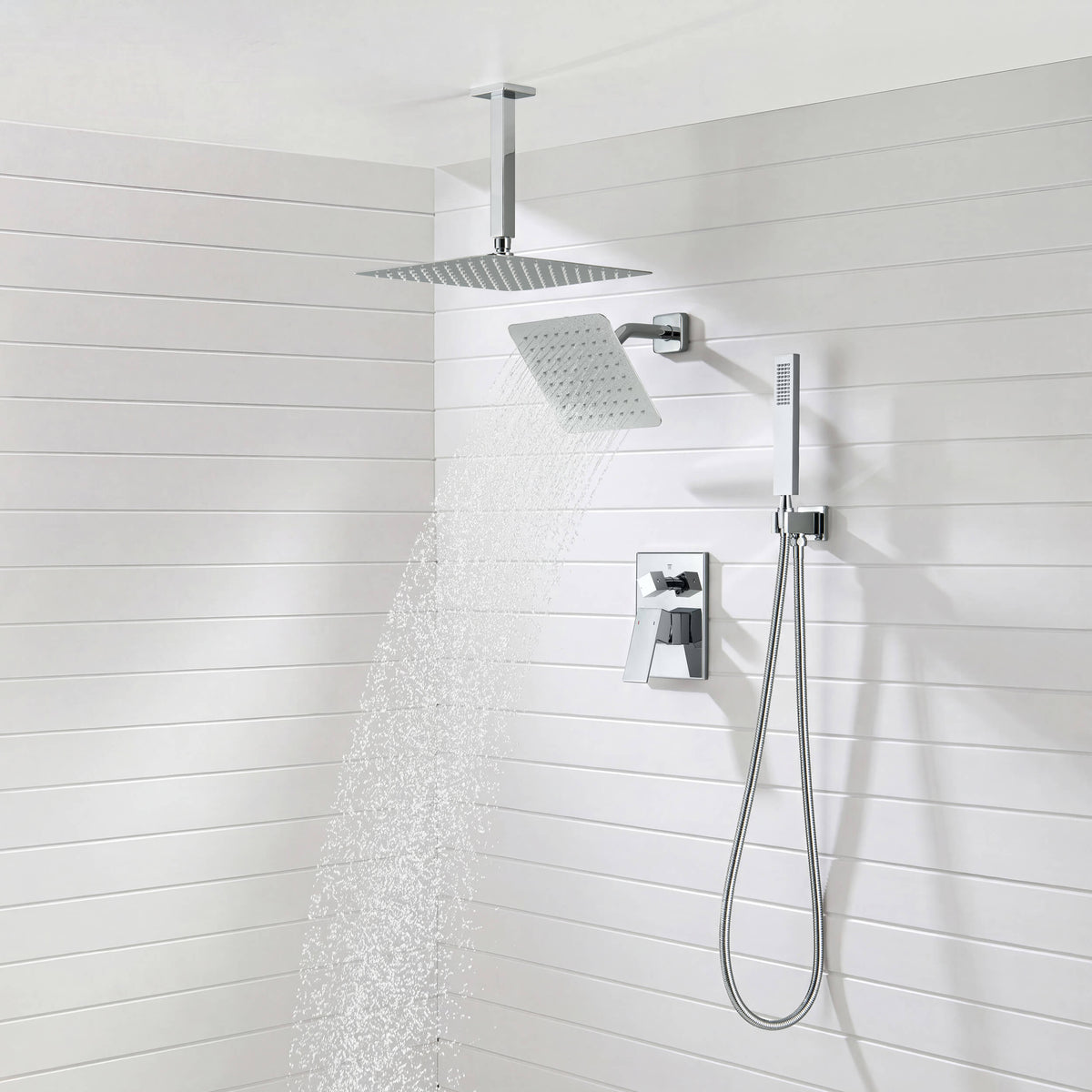 Quadra 3-Function Pressure Balanced Complete Shower Faucet Set with Wall Mount, Ceiling Mount, and Handheld Shower Heads - CSF-4022