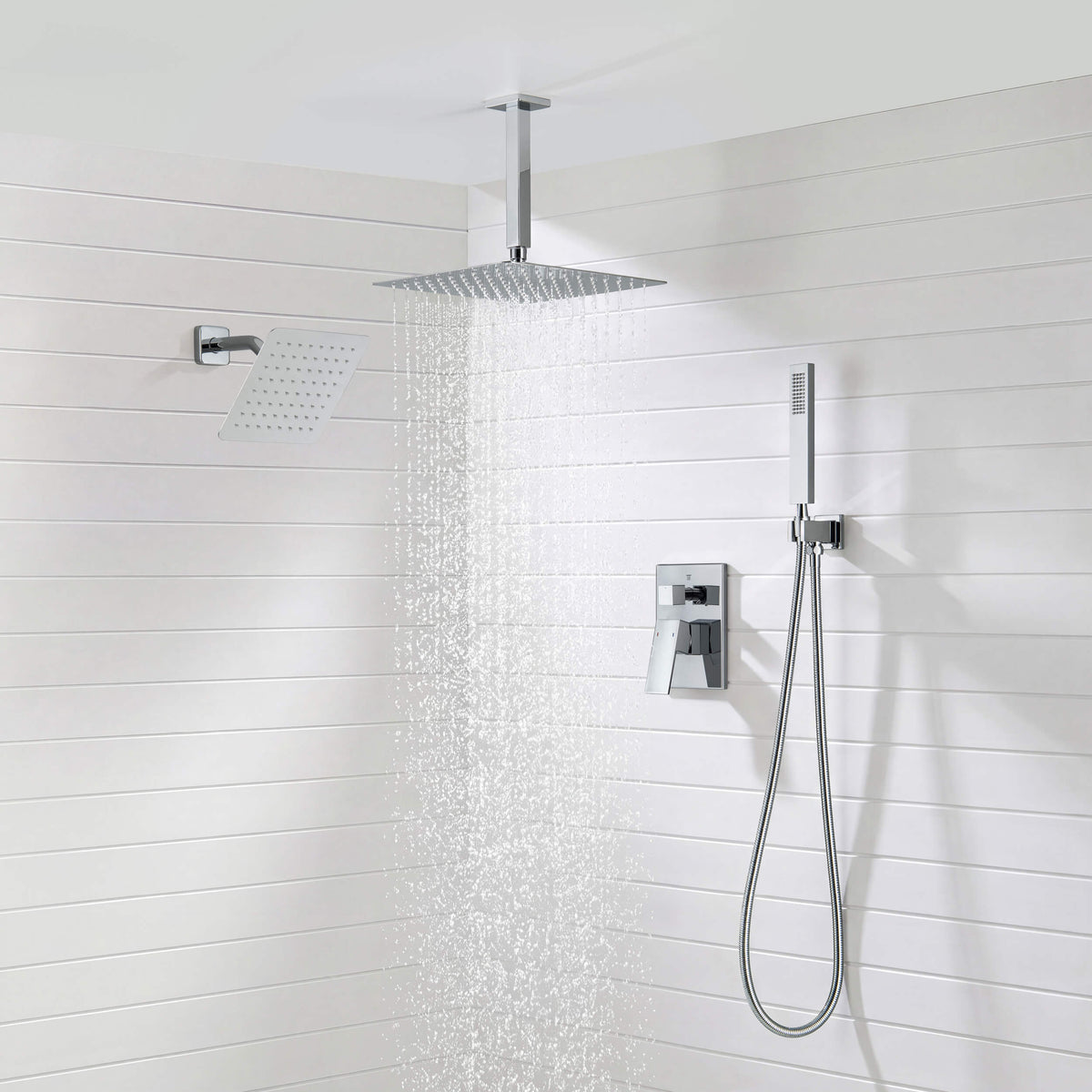 Quadra 3-Function Pressure Balanced Complete Shower Faucet Set with Wall Mount, Ceiling Mount, and Handheld Shower Heads - CSF-4022