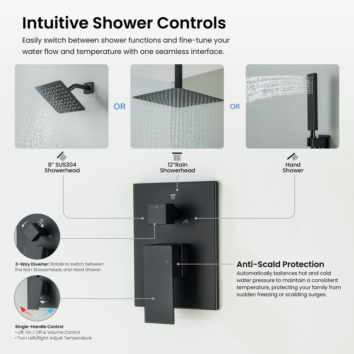 Quadra 3-Function Pressure Balanced Complete Shower Faucet Set with Wall Mount, Ceiling Mount, and Handheld Shower Heads - CSF-4022