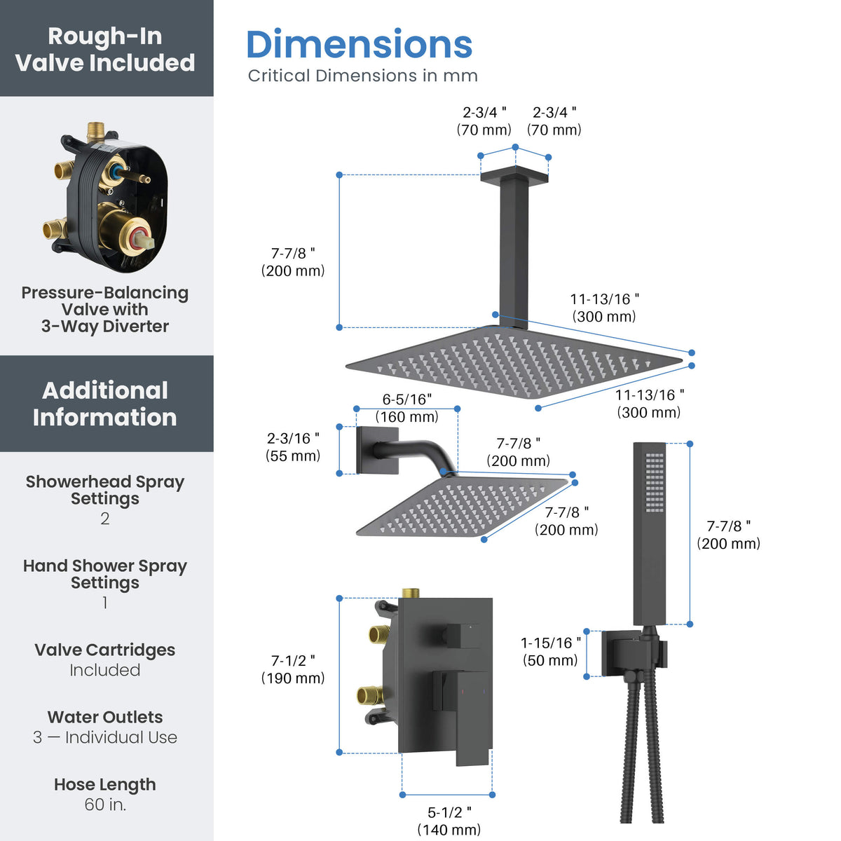 Quadra 3-Function Pressure Balanced Complete Shower Faucet Set with Wall Mount, Ceiling Mount, and Handheld Shower Heads - CSF-4022