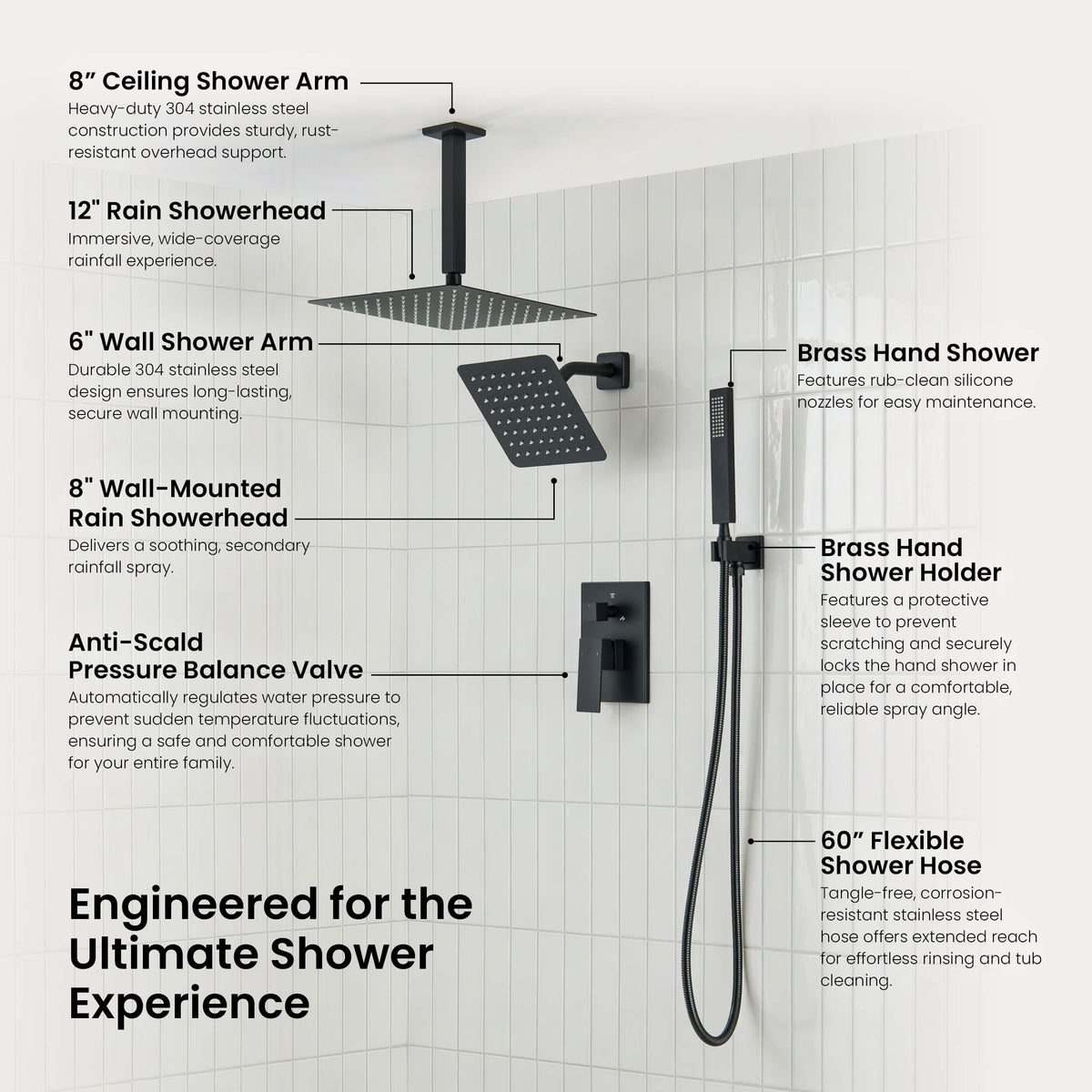 Quadra 3-Function Pressure Balanced Complete Shower Faucet Set with Wall Mount, Ceiling Mount, and Handheld Shower Heads - CSF-4022