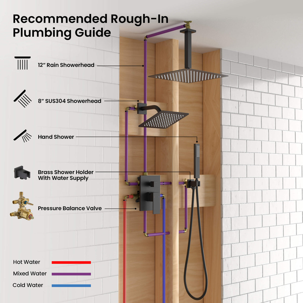 Quadra 3-Function Pressure Balanced Complete Shower Faucet Set with Wall Mount, Ceiling Mount, and Handheld Shower Heads - CSF-4022